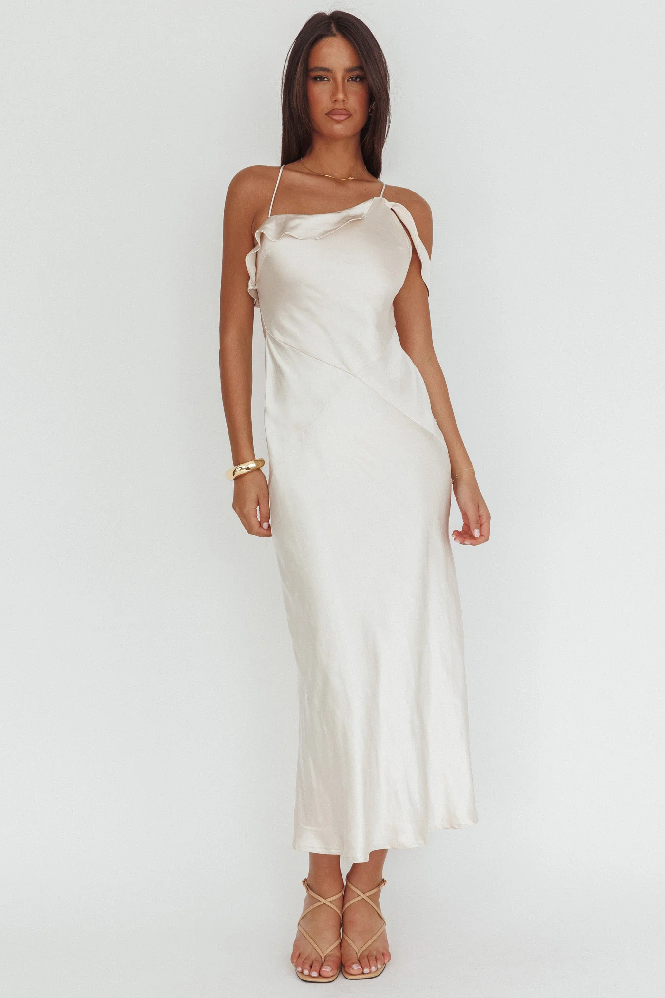 Lexington Draped Shoulder Criss-Cross Back Maxi Dress Oyster - luluinthesky
