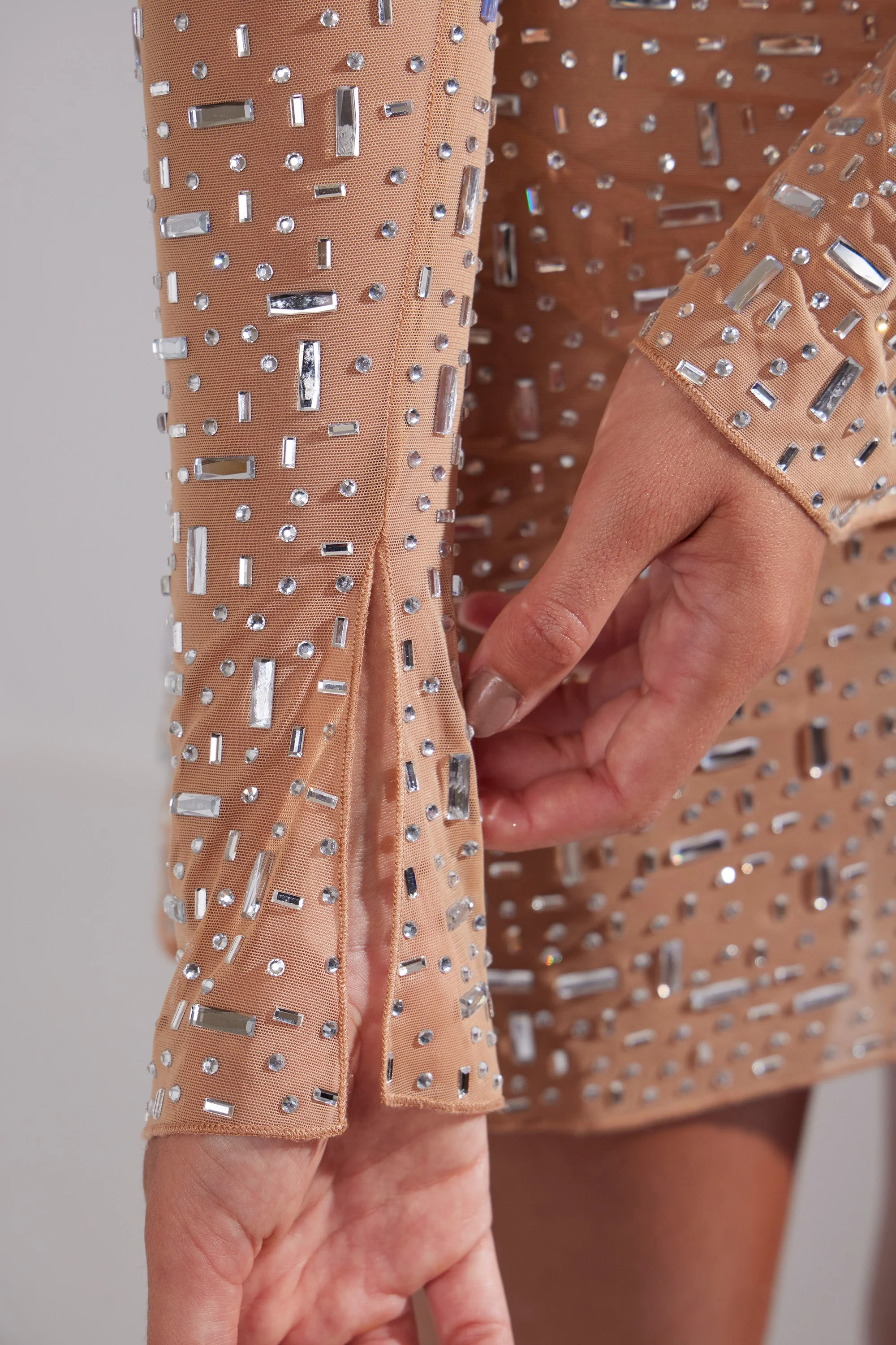 Sheer Embellished Long Sleeve A-Line Mini Dress in Honey