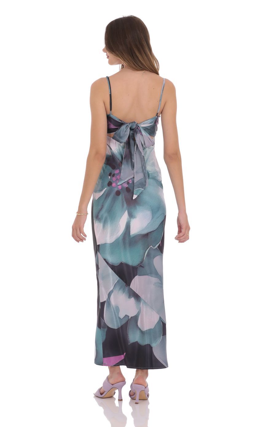 Floral Back Tie Maxi Dress in Dark Teal