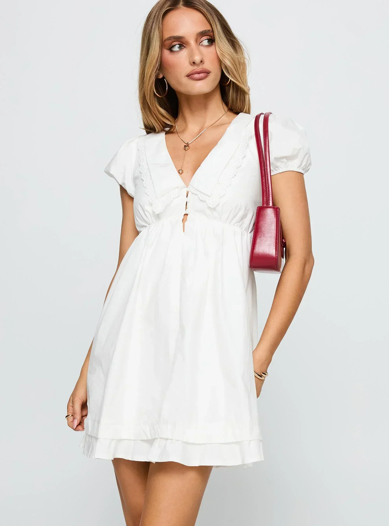Sailoh Puff Sleeve Baby Doll Mini Dress White - luluinthesky