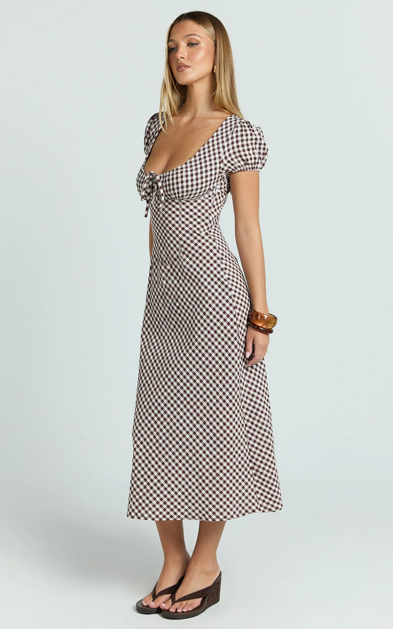 Bernice Midi Dress - Gingham Scoop Neck A Line Dress in Chocolate Gingham