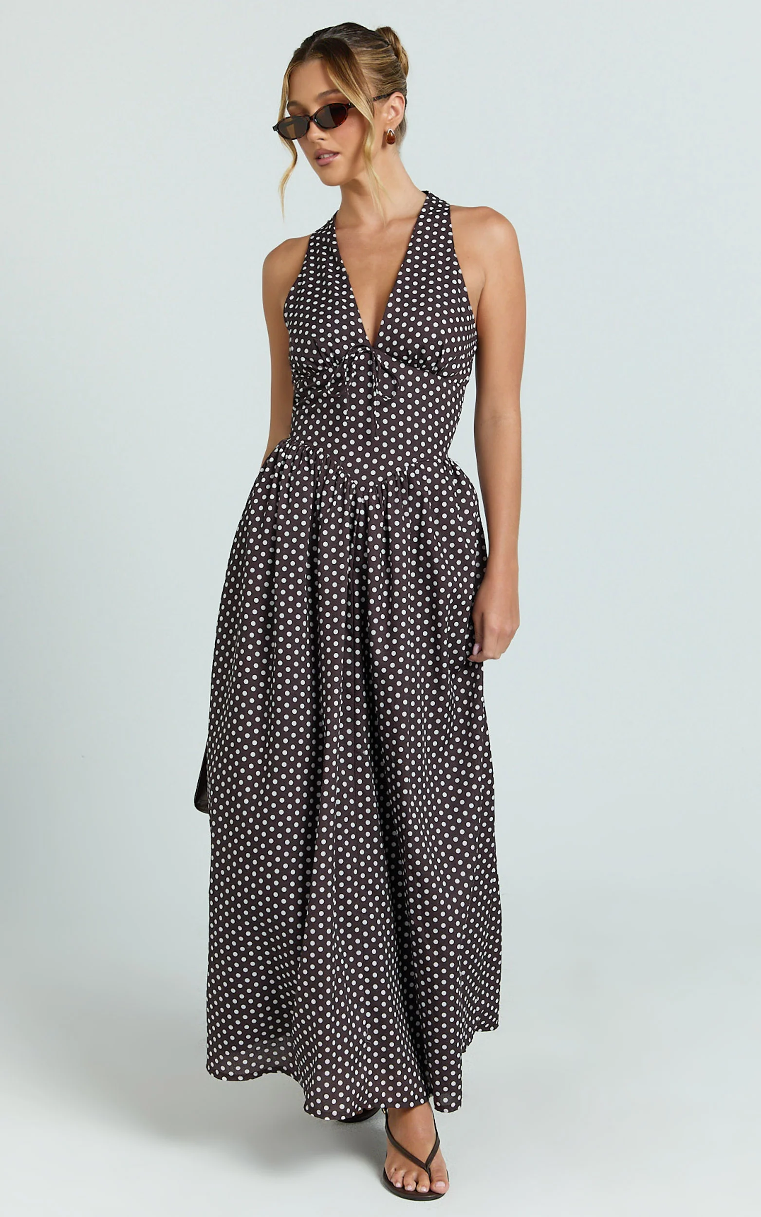 Abby Midi Dress - Neckline Dress in Chocolate Polkadot