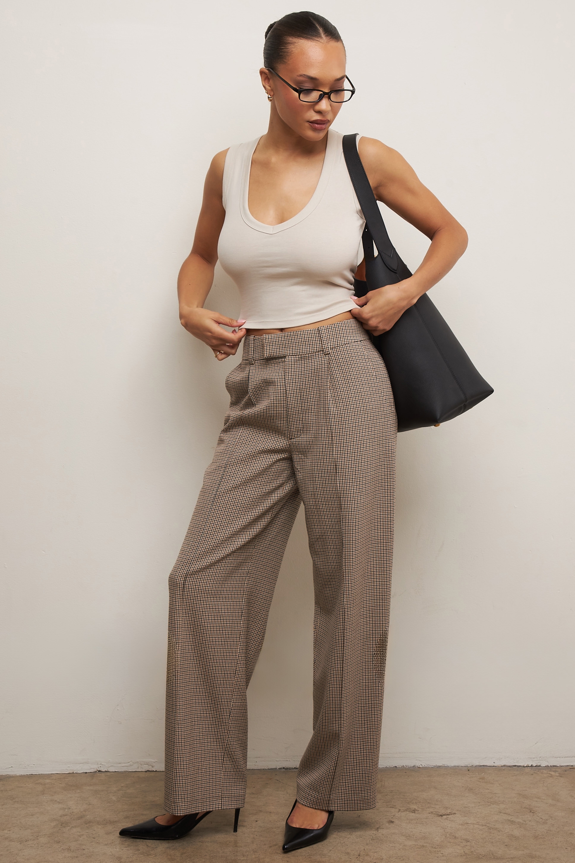 brown puppytooth wide leg high waist tailored trousers