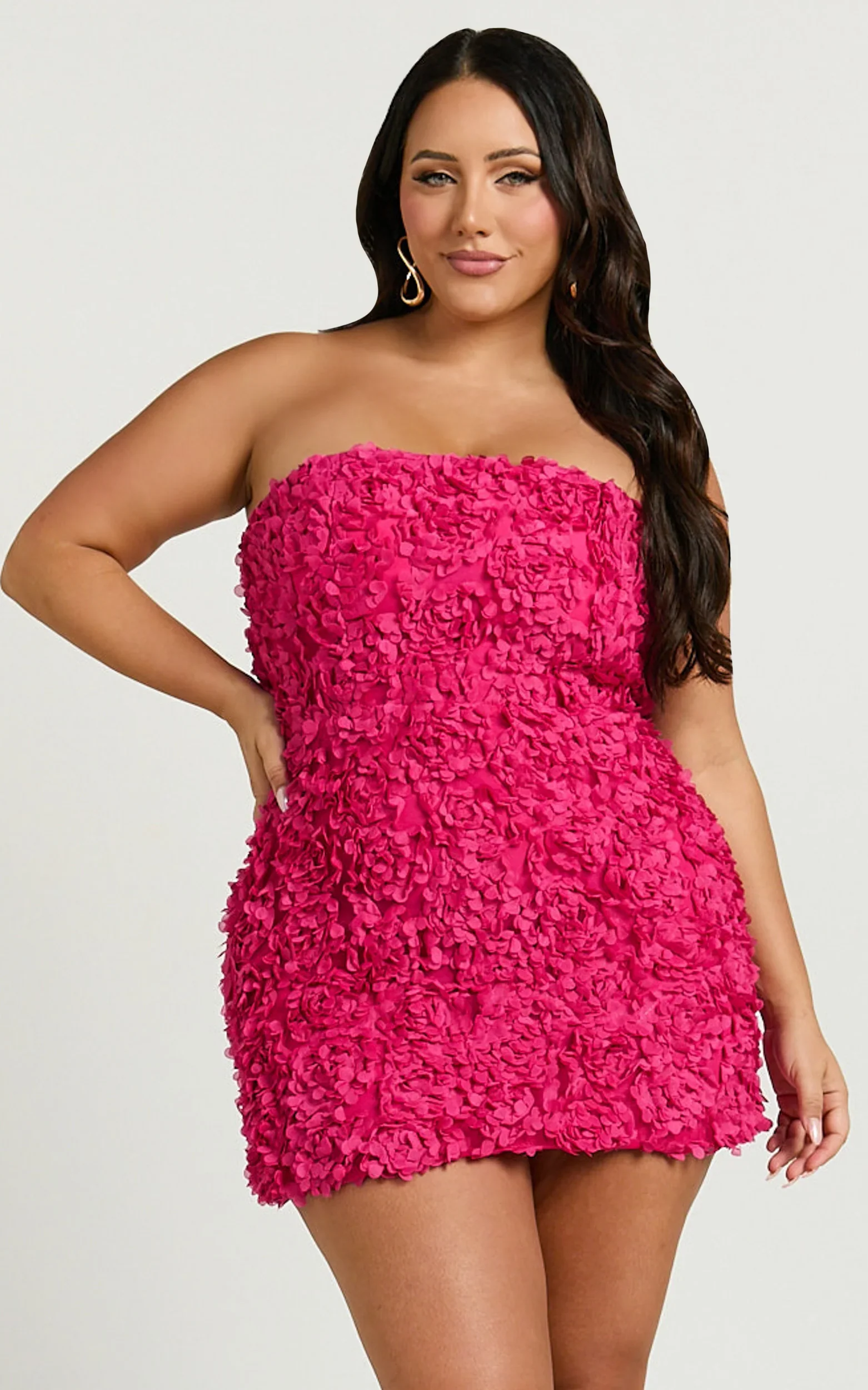 Cassia Mini Dress - Strapless 3D Floral Lace Up Back Dress in Pink