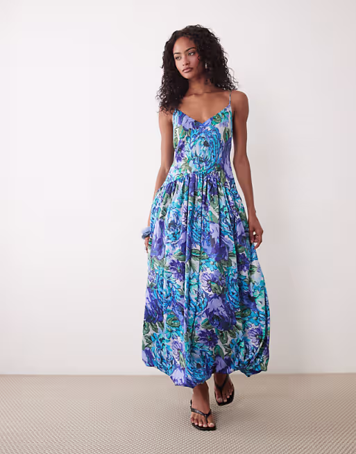satin bias shift dress with bubble hem in blue floral