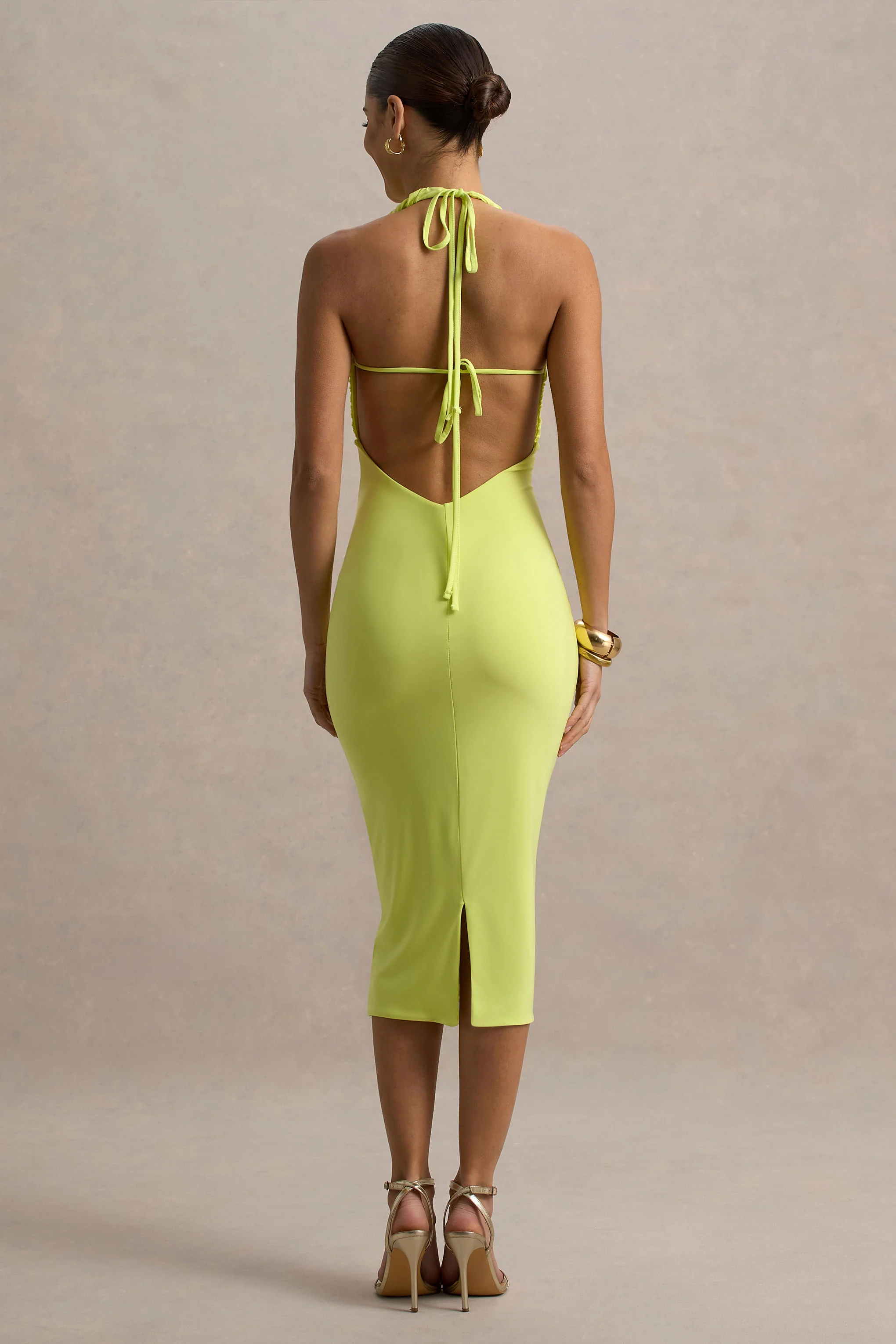 Anaisa | Lime Green Plunge Halter-Neck Midi Dress