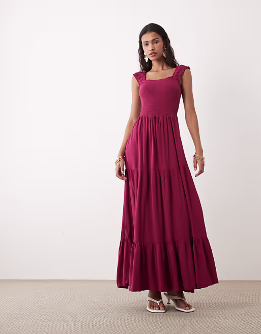 Vila shirred bodice tiered maxi dress in wine red
