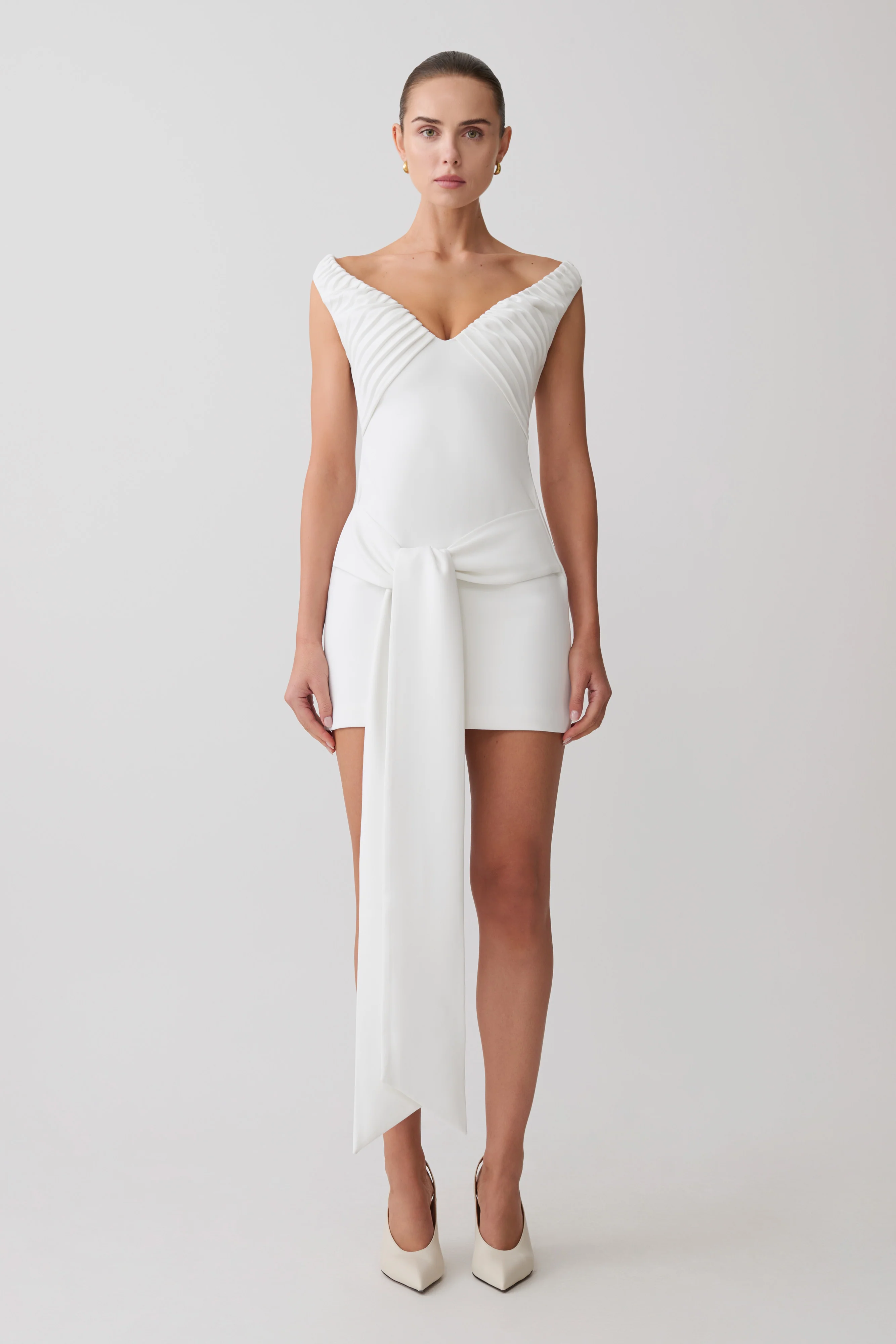 Runa Off Shoulder Mini Dress With Waist Tie - White