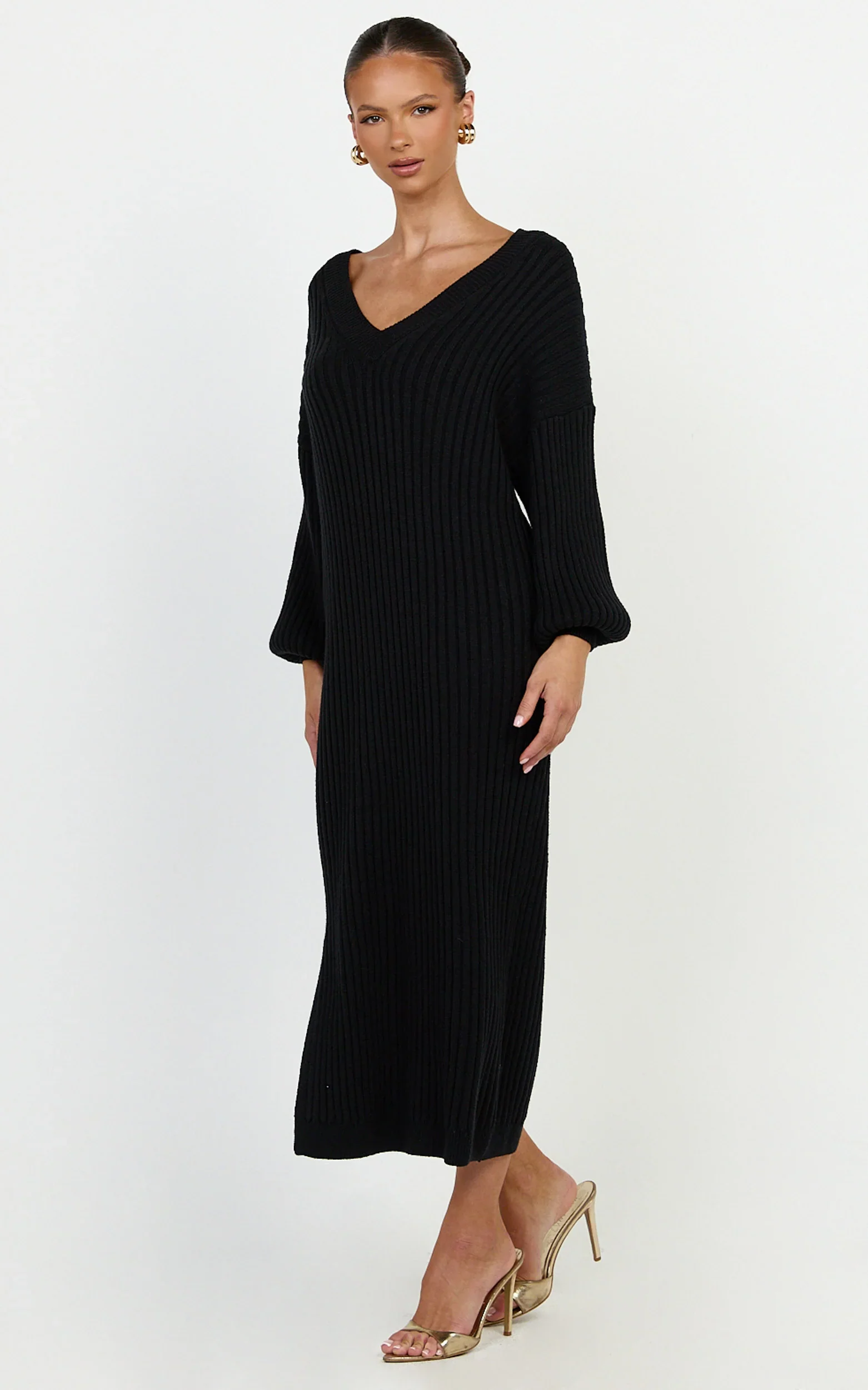 Kartia Midi Dress - V Neck Knit Dress in Black