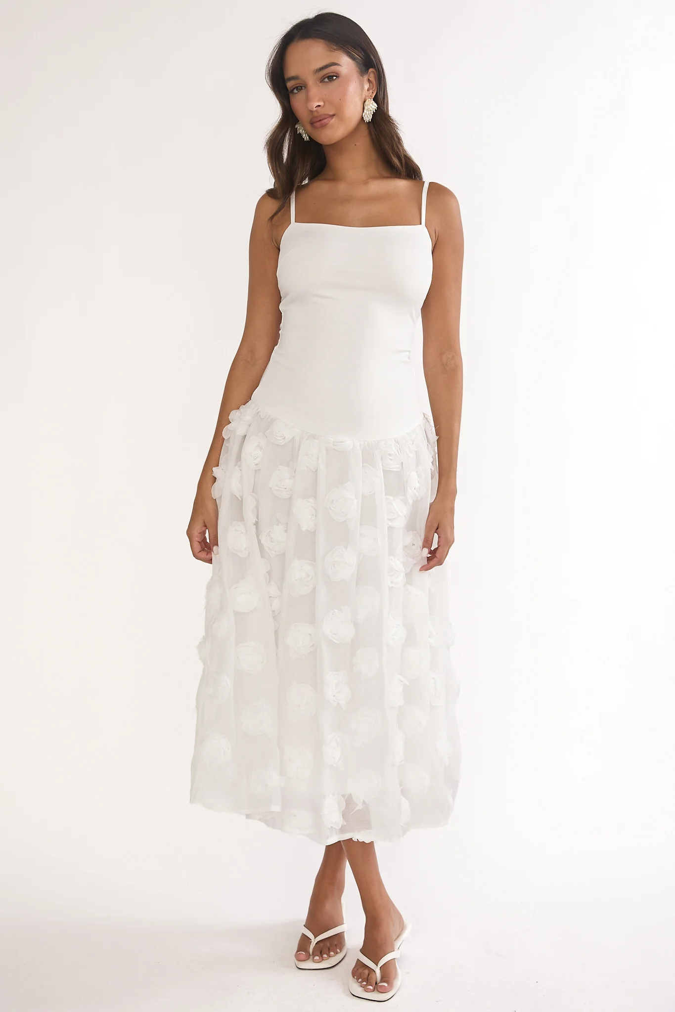 Adley Embellished Drop Waist Midi Dress White