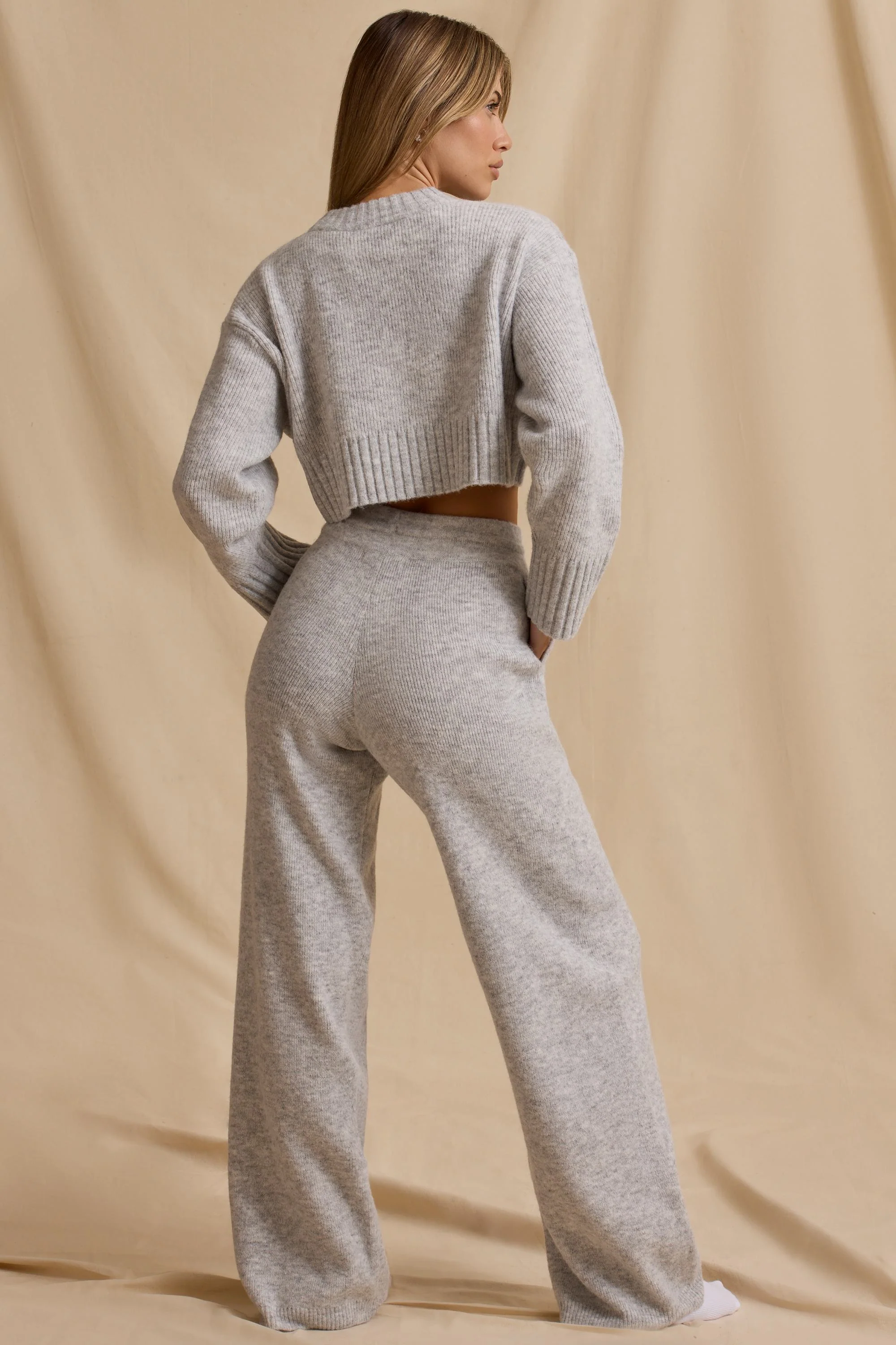 Ribbed Knit Mid-Rise Wide-Leg Joggers in Ice Marl