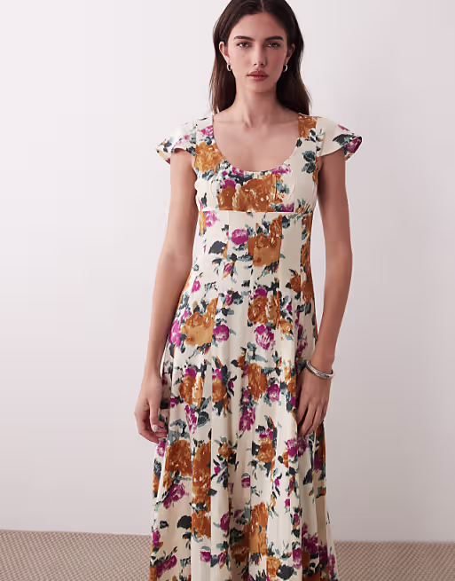 scoop neck short sleeve maxi dress with godets in multi floral print