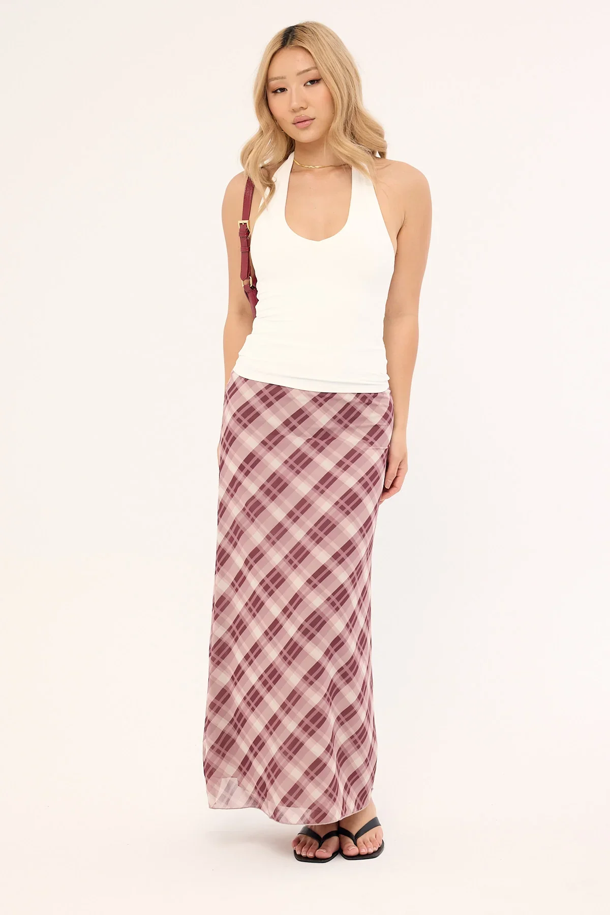 Luck & Trouble Linear Check Maxi Skirt Burgundy Print