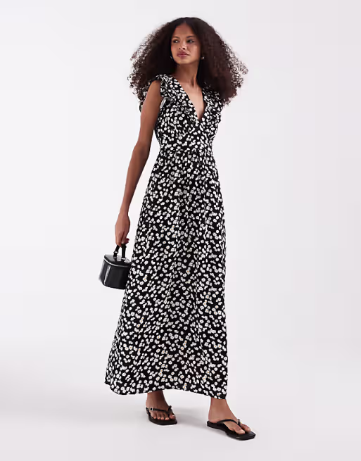 Vero Moda Easy Joy ruffle shoulder plunge front midi dress in black ditsy daisy print