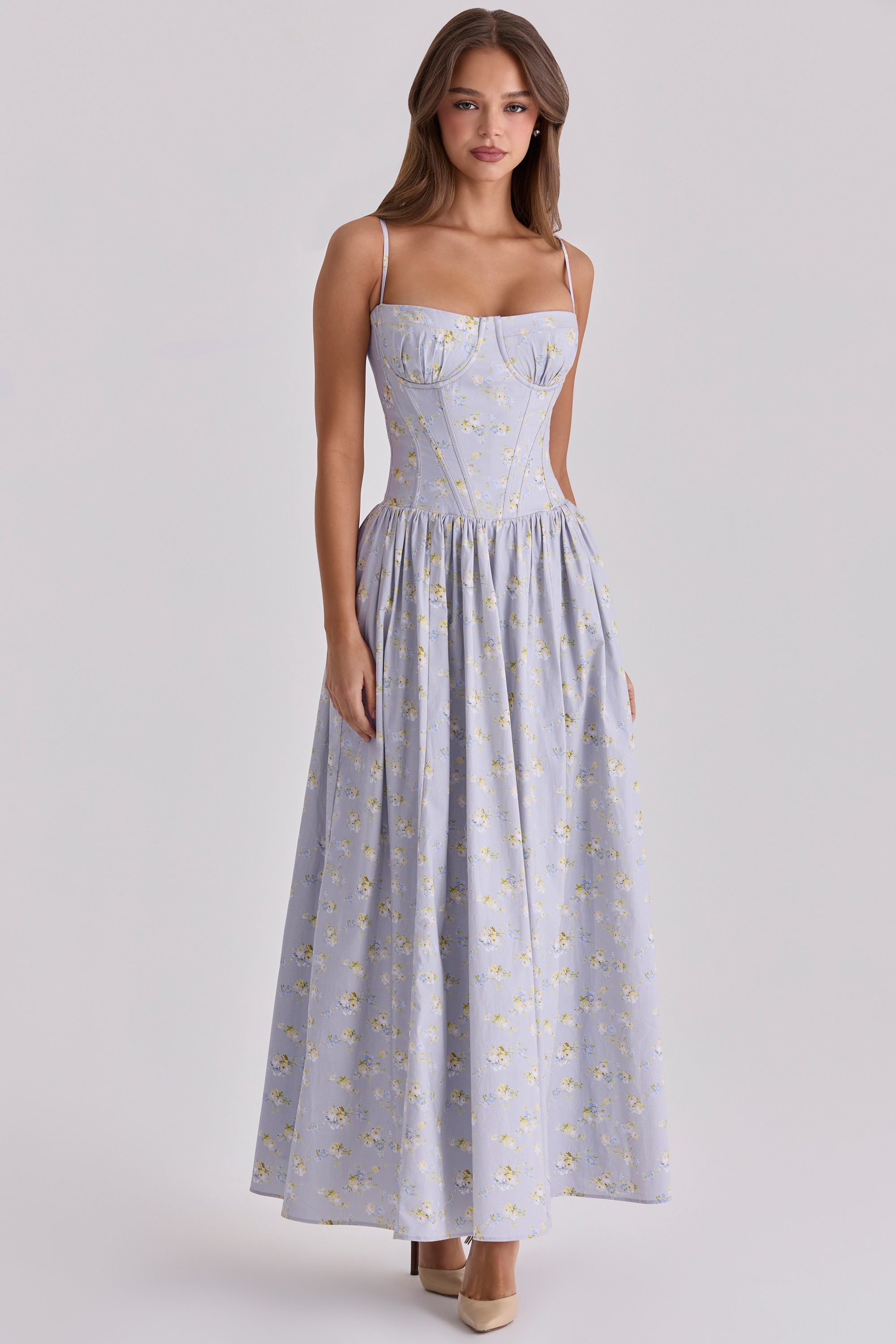 blue wildflower print cotton lace up maxi dress