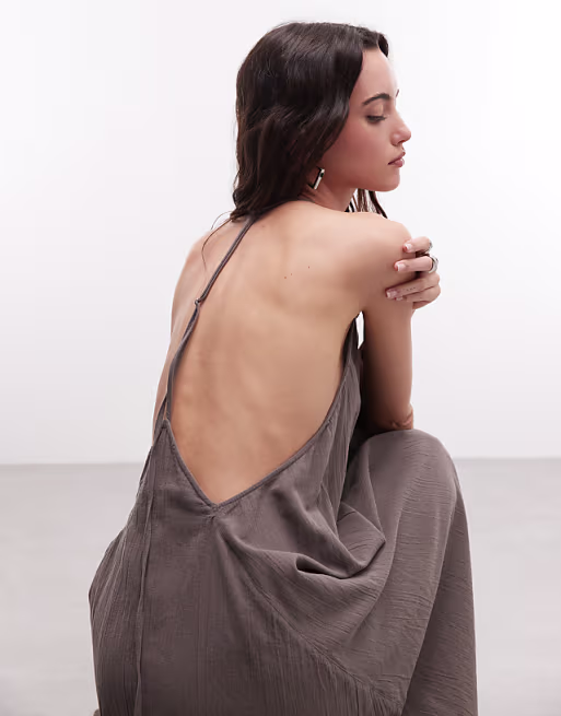 Weekday crinkle halter racer back maxi dress in dark mole