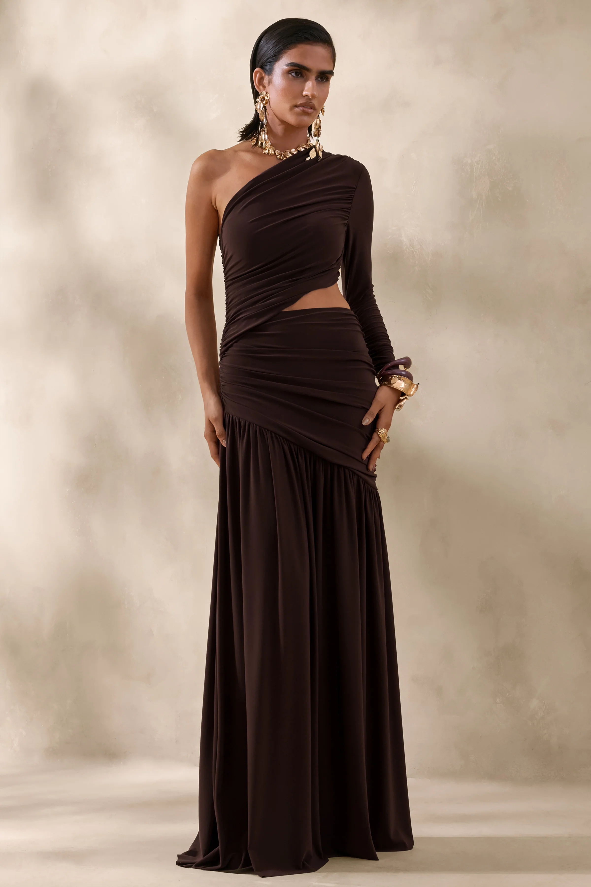 Kinsley | Brown Asymmetric-Neck Maxi Dress With Body Cut-Out Detail