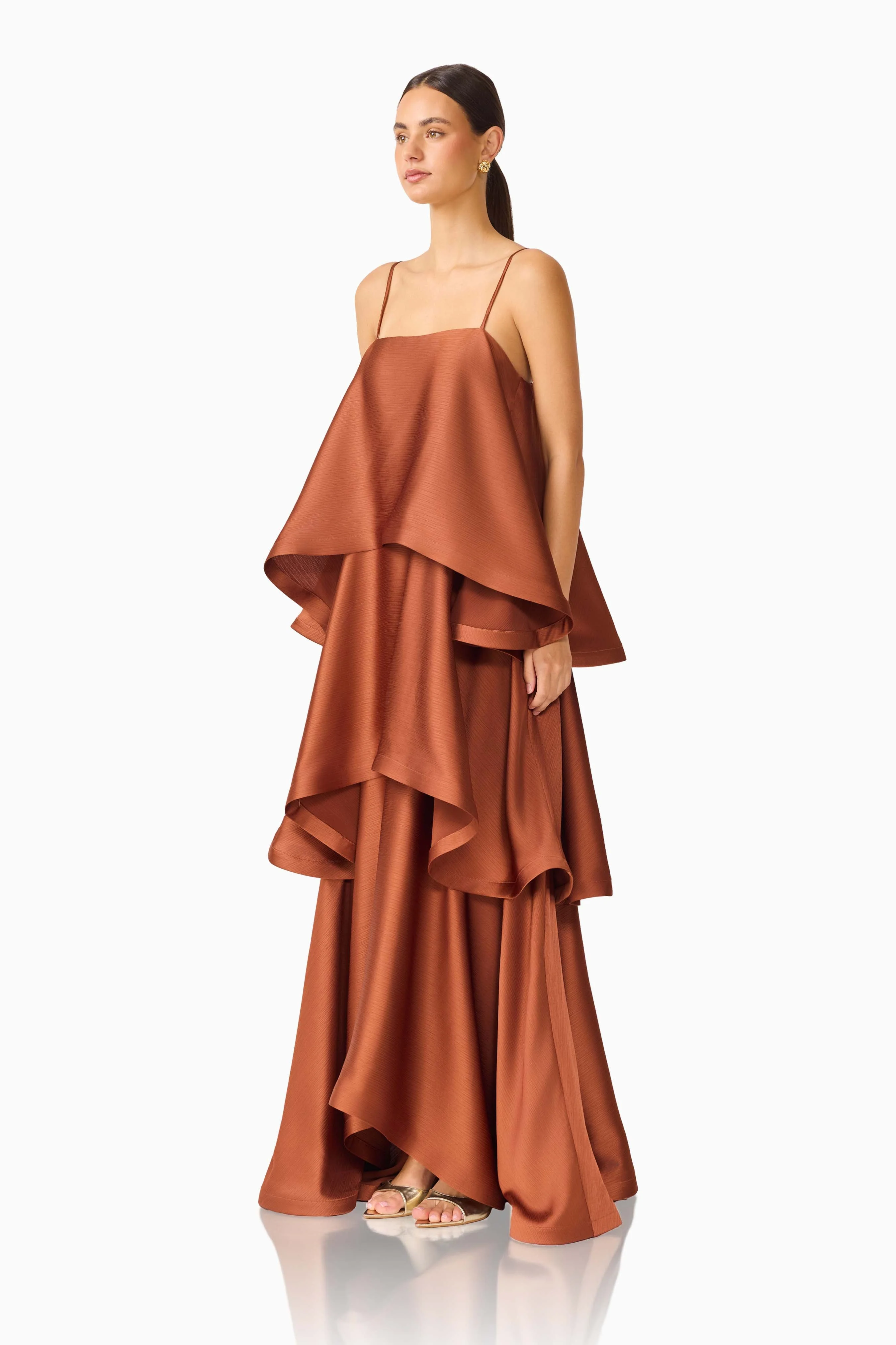 Tilly Tiered Maxi Dress in Chestnut Brown