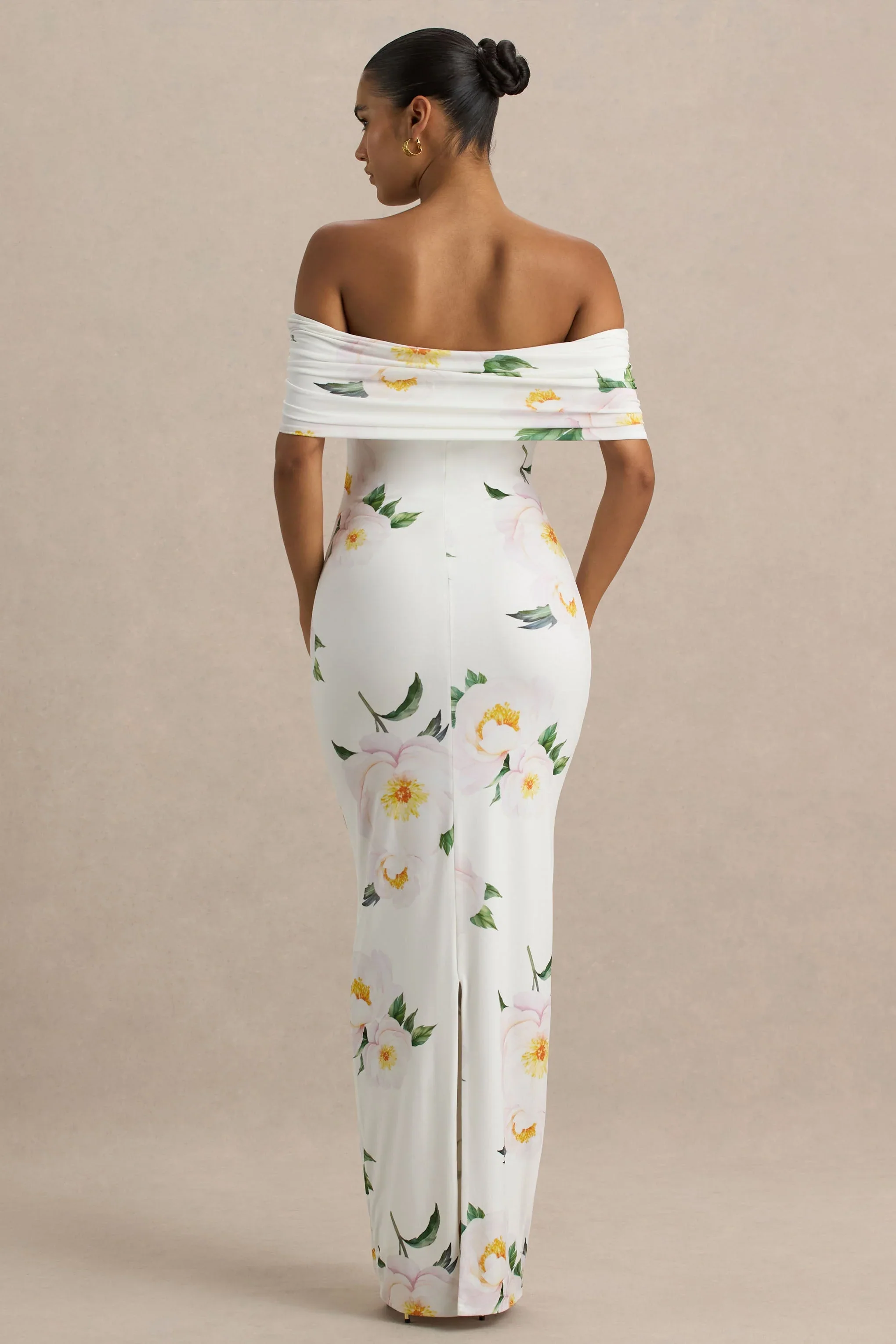 Capri | White Rose Print Bardot-Neck Maxi Dress With Ruched Detailing