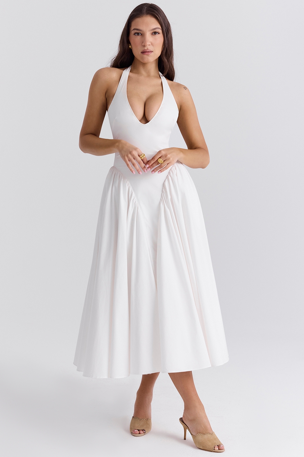 White Cotton Halter Midi Sundress