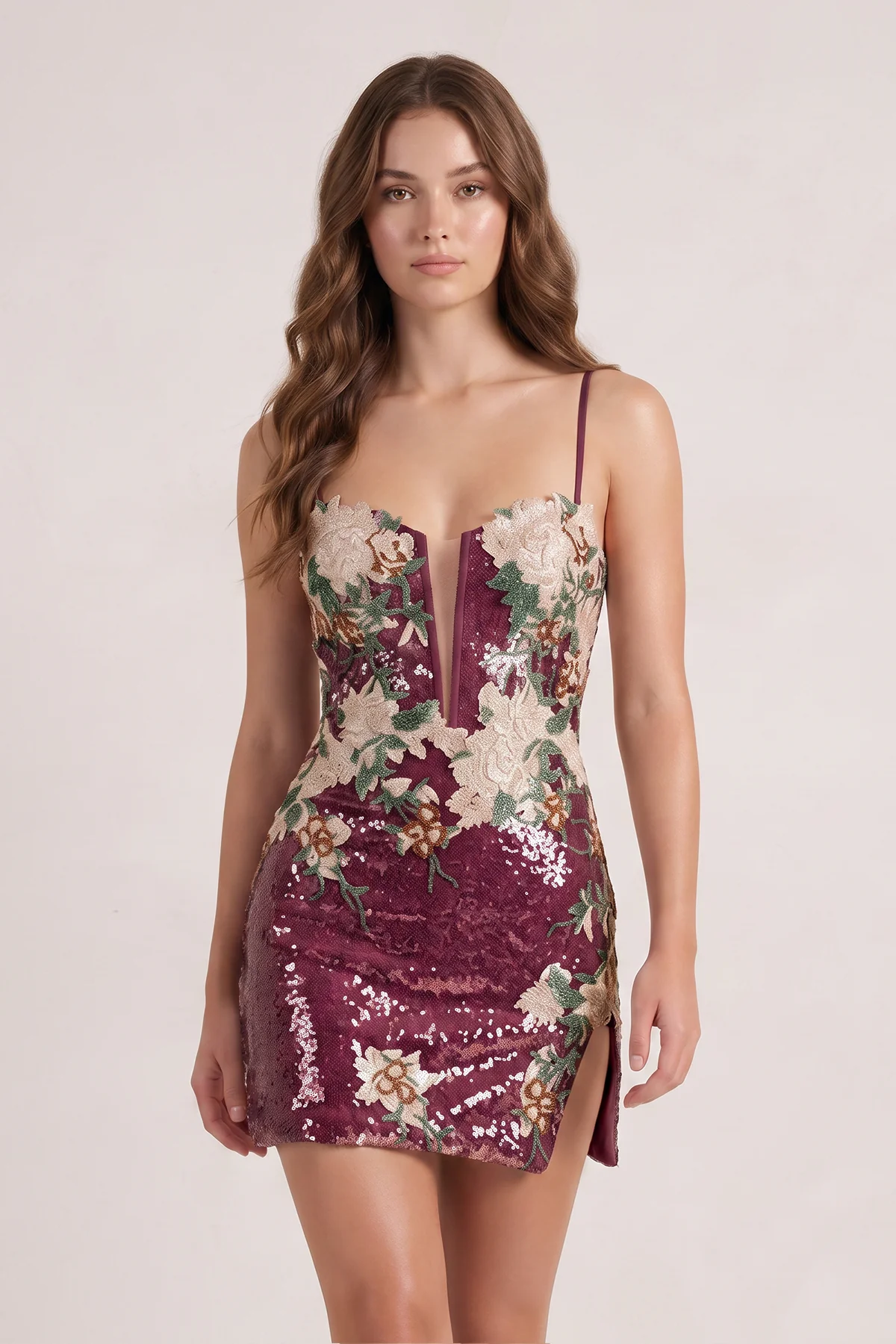 Pink Sheath V Neck Sequined Flower Appliques Mini Homecoming Dresses