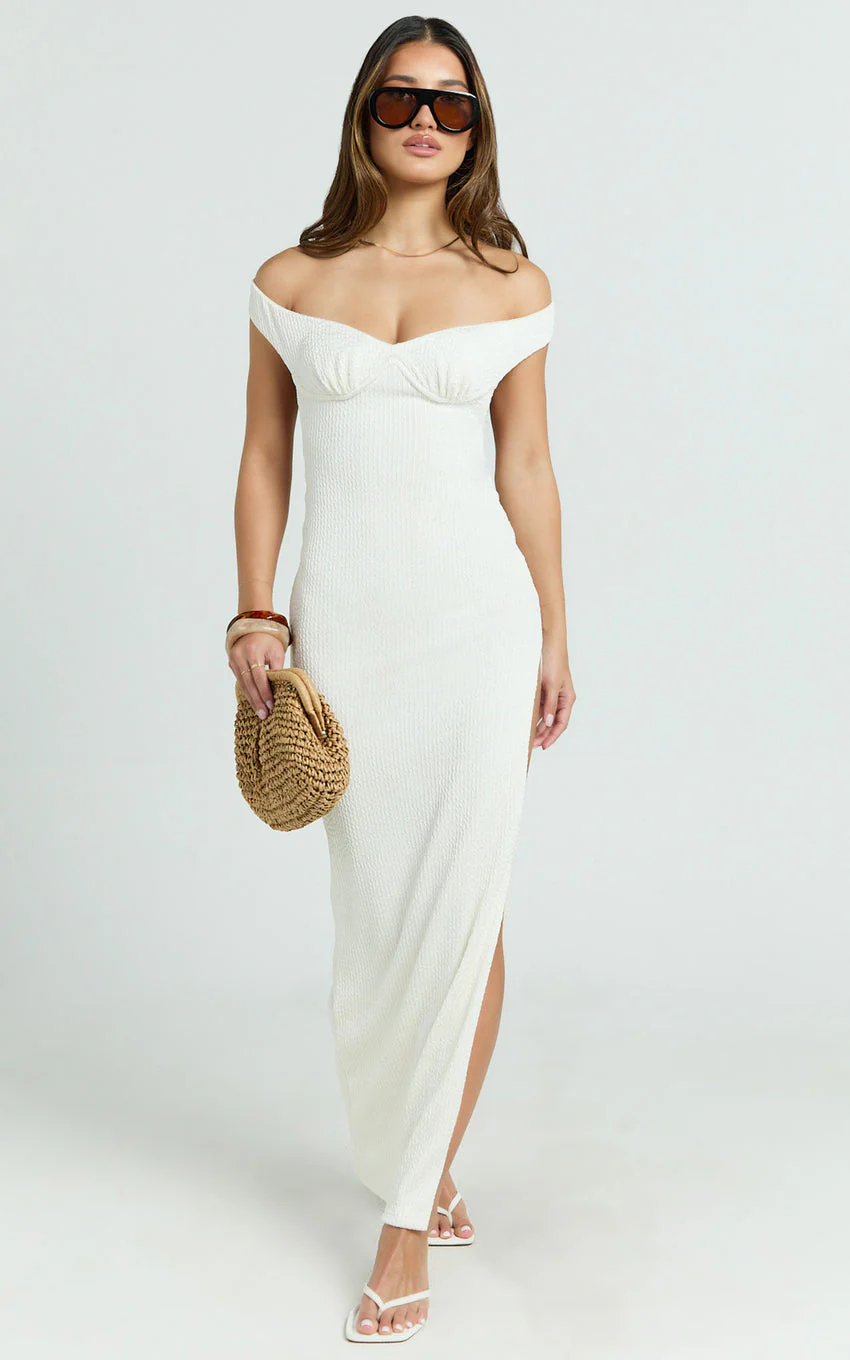 Anziel Maxi Dress - Underwire Off Shoulder Backless Column Jersey Tie Back in Off White - luluinthesky