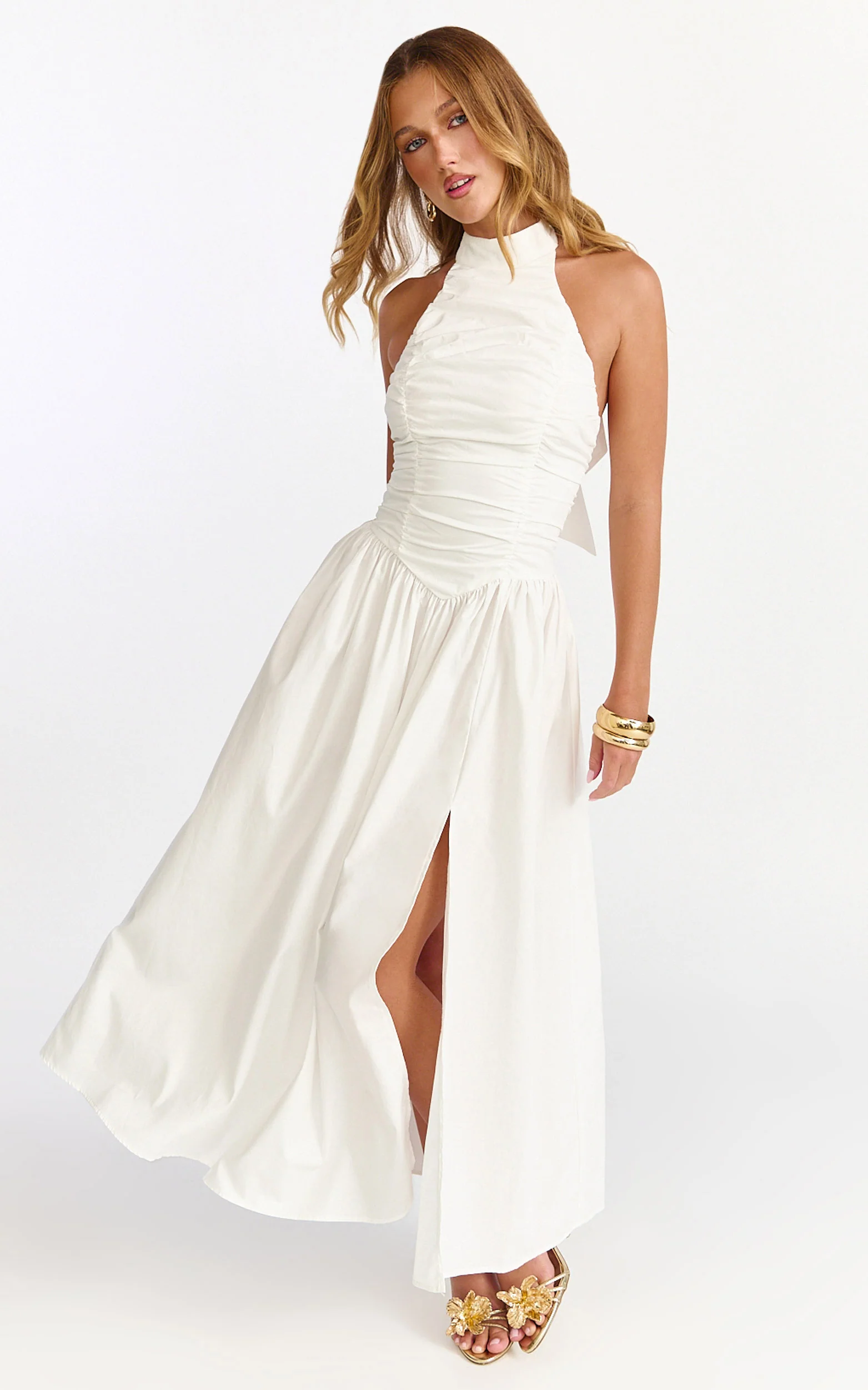 Anya Midi Dress - Halter Neck Ruched Drop Waist Dress in White