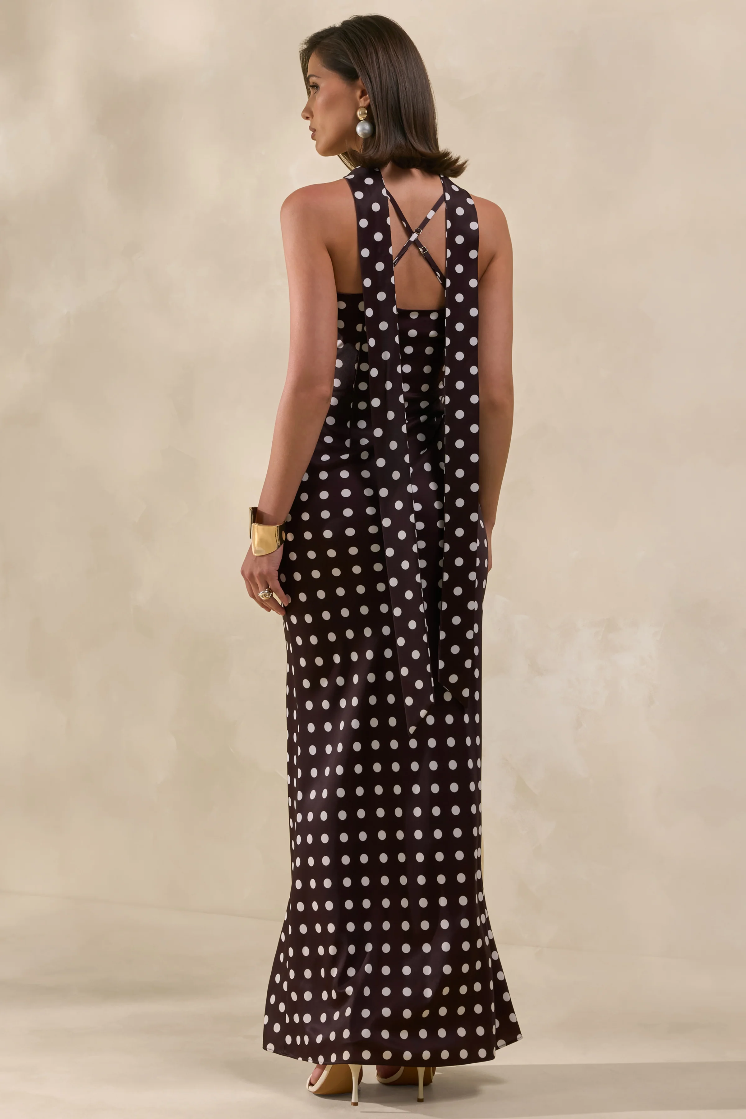 Emaria | Brown Polka-Dot Satin Cowl-Maxi Dress With Scarf