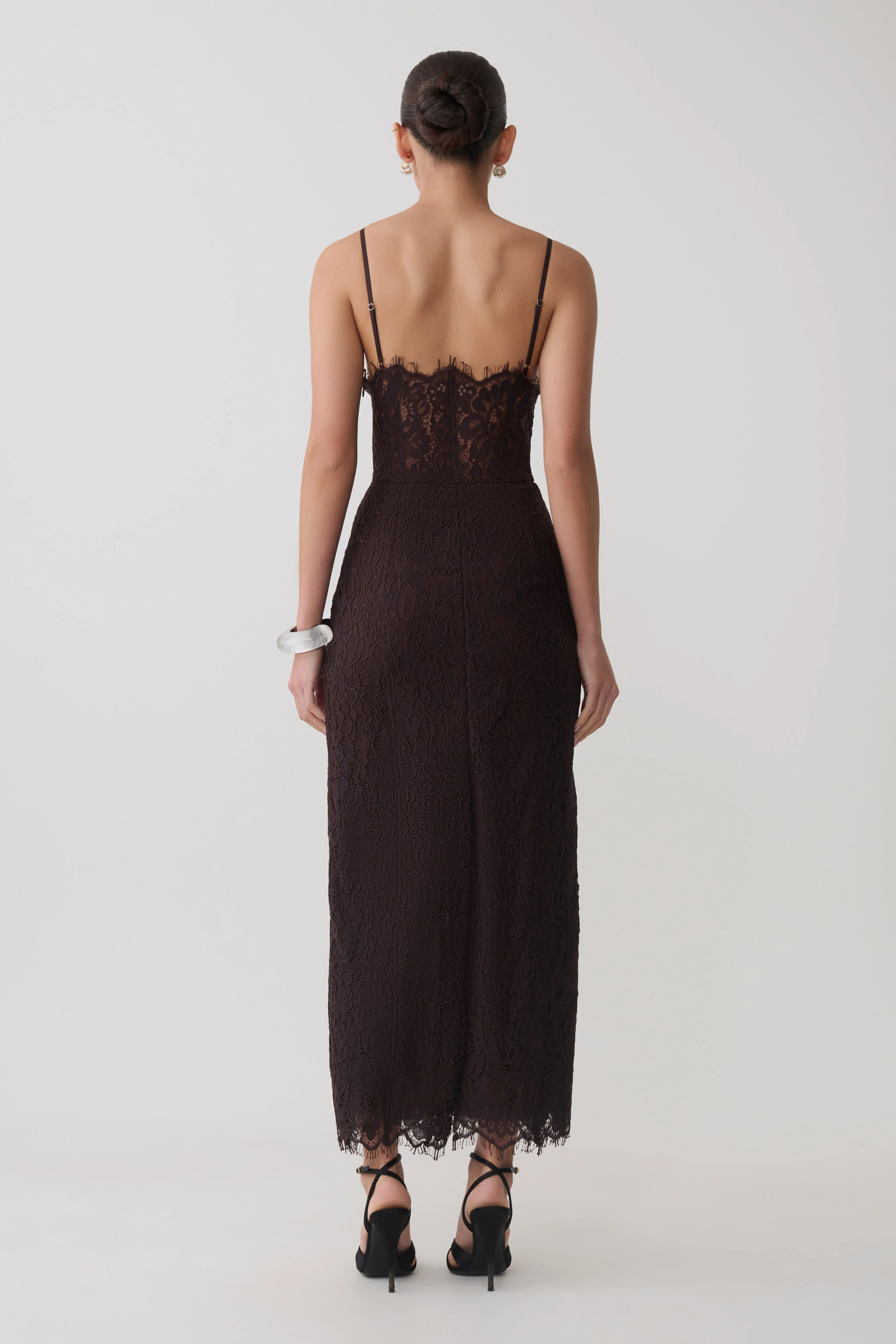 Ottilie Lace And Mesh Midi Dress - Dark Chocolate