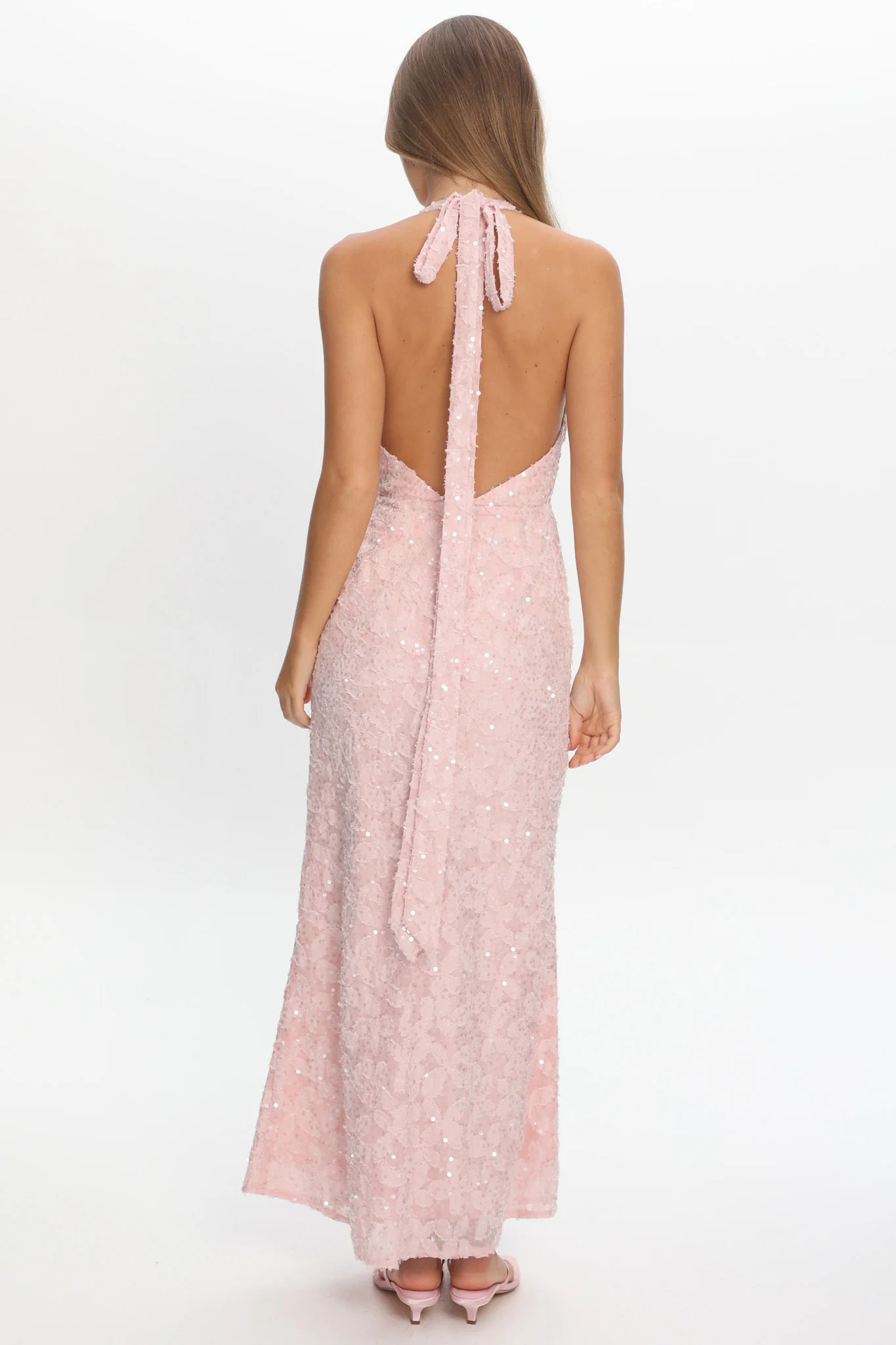 Ruelle Backless Halter Maxi Dress Sequin Blush - luluinthesky
