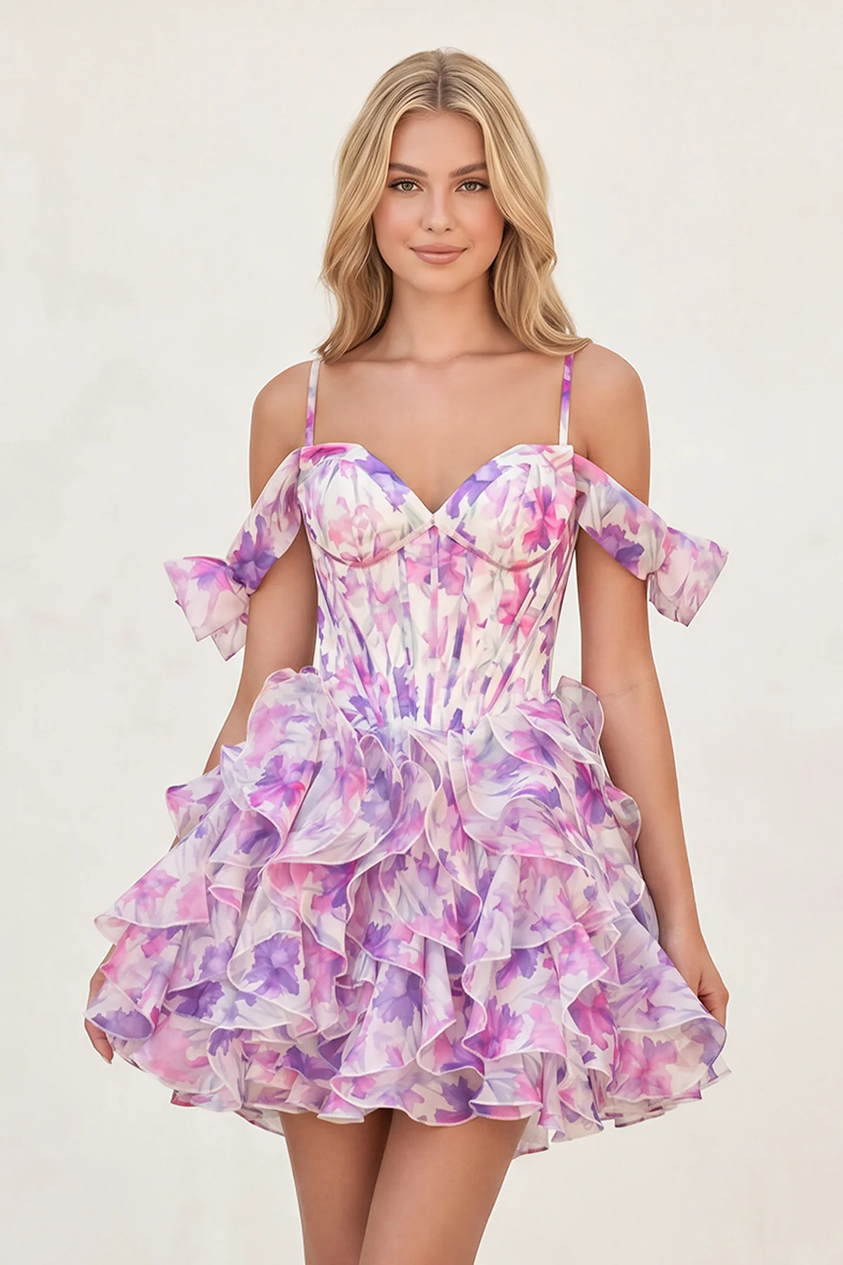 Purple - A Line Off the Shoulder Floral Ruffles Short Homecoming Dresses