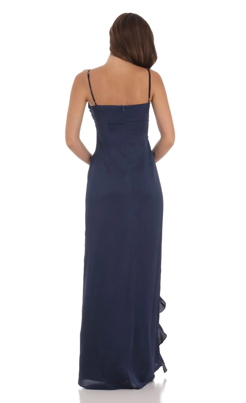 Ruffle V-Neck Maxi Dress in Navy