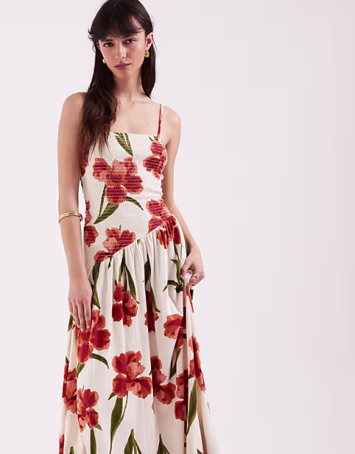 crinkle cami tie back midi dress with asymmetric waist in pink floral print