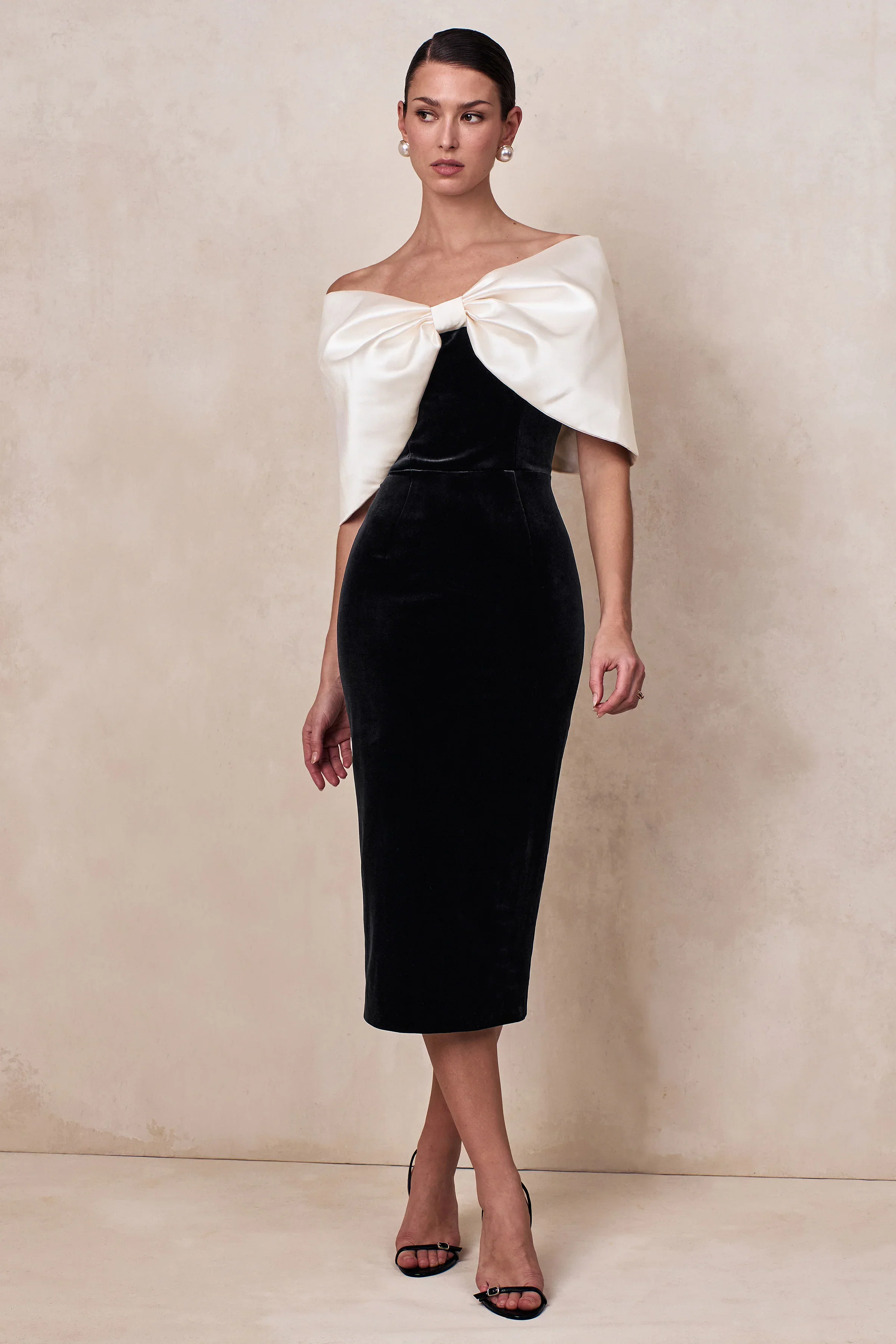Twilight | Black And White Velvet Bardot-Neck Midi Dress With Oversized Satin Bow
