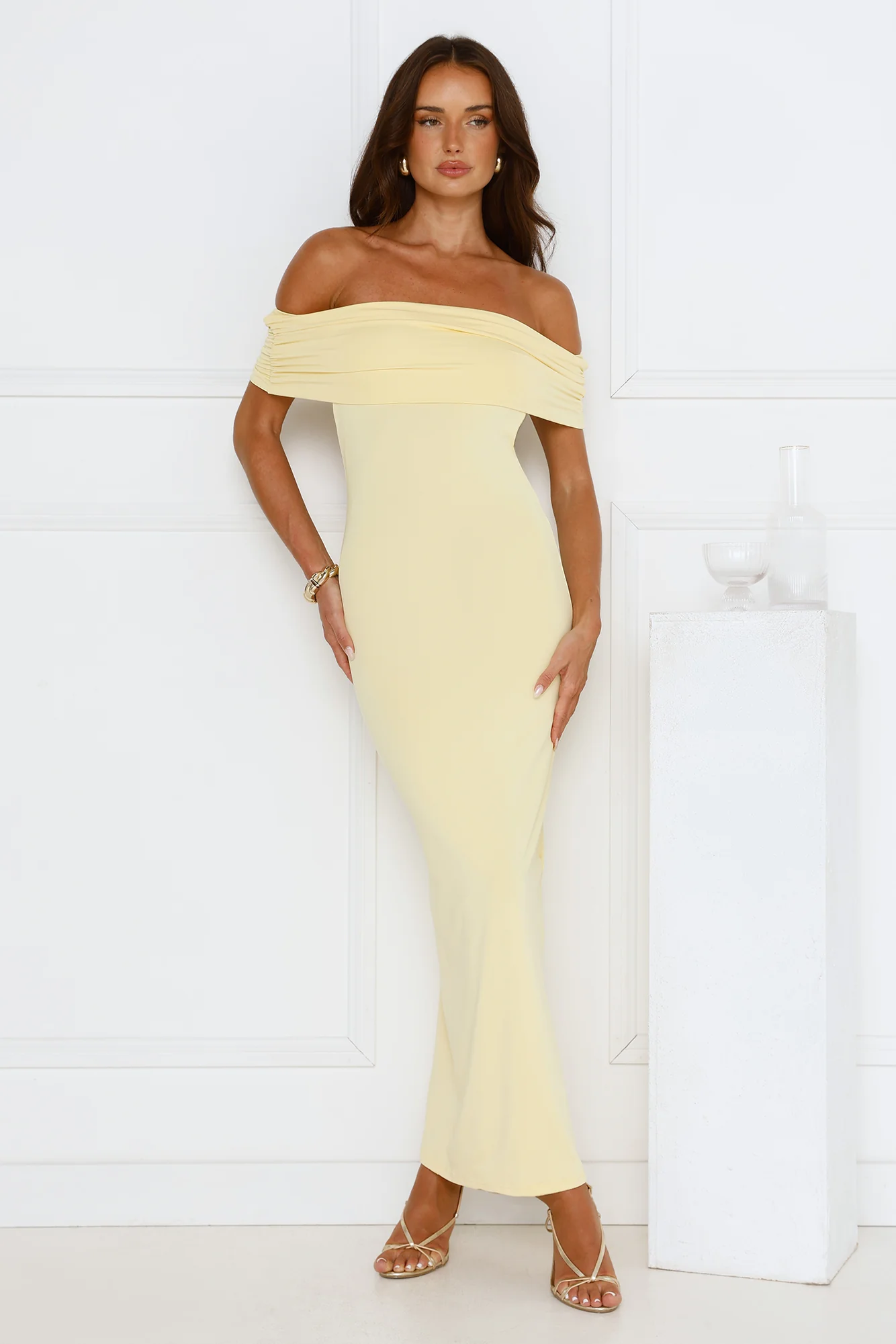 Soft Whispers Off Shoulder Maxi Dress Yellow