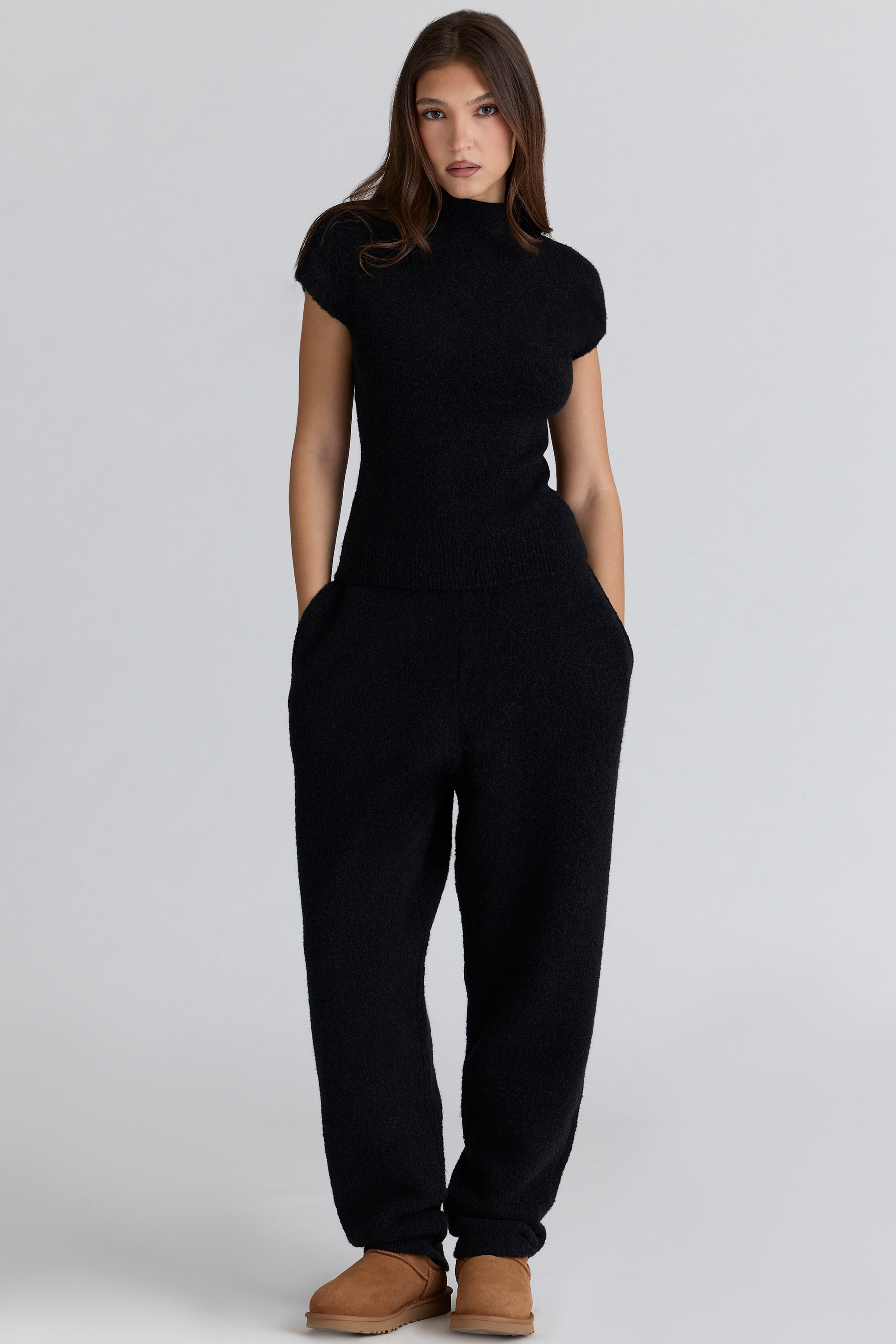 Black Wool Boucle Knit Trousers