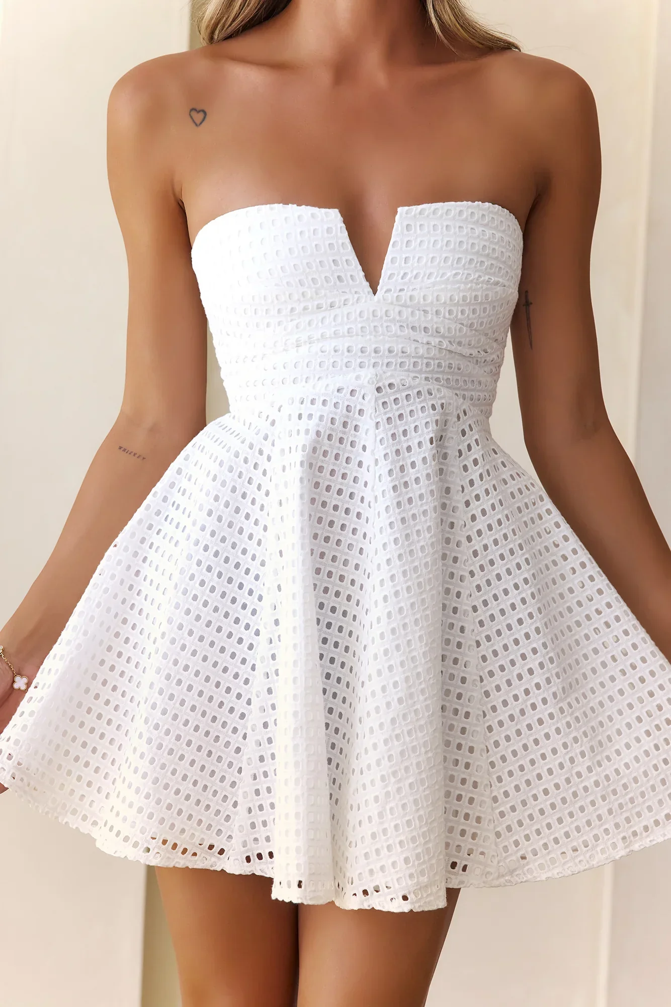 Alluring Elegance Strapless Embroidered Mini Dress White