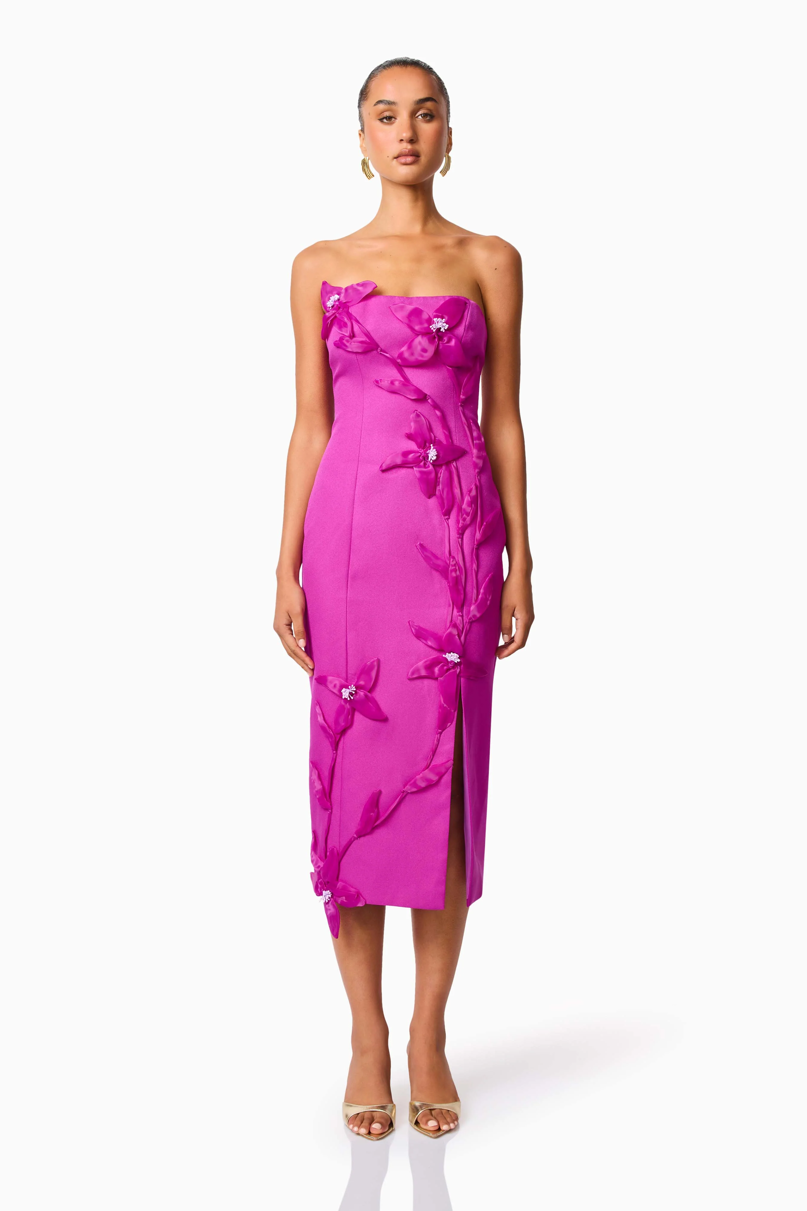Bethany Strapless Floral Midi Dress In Purple