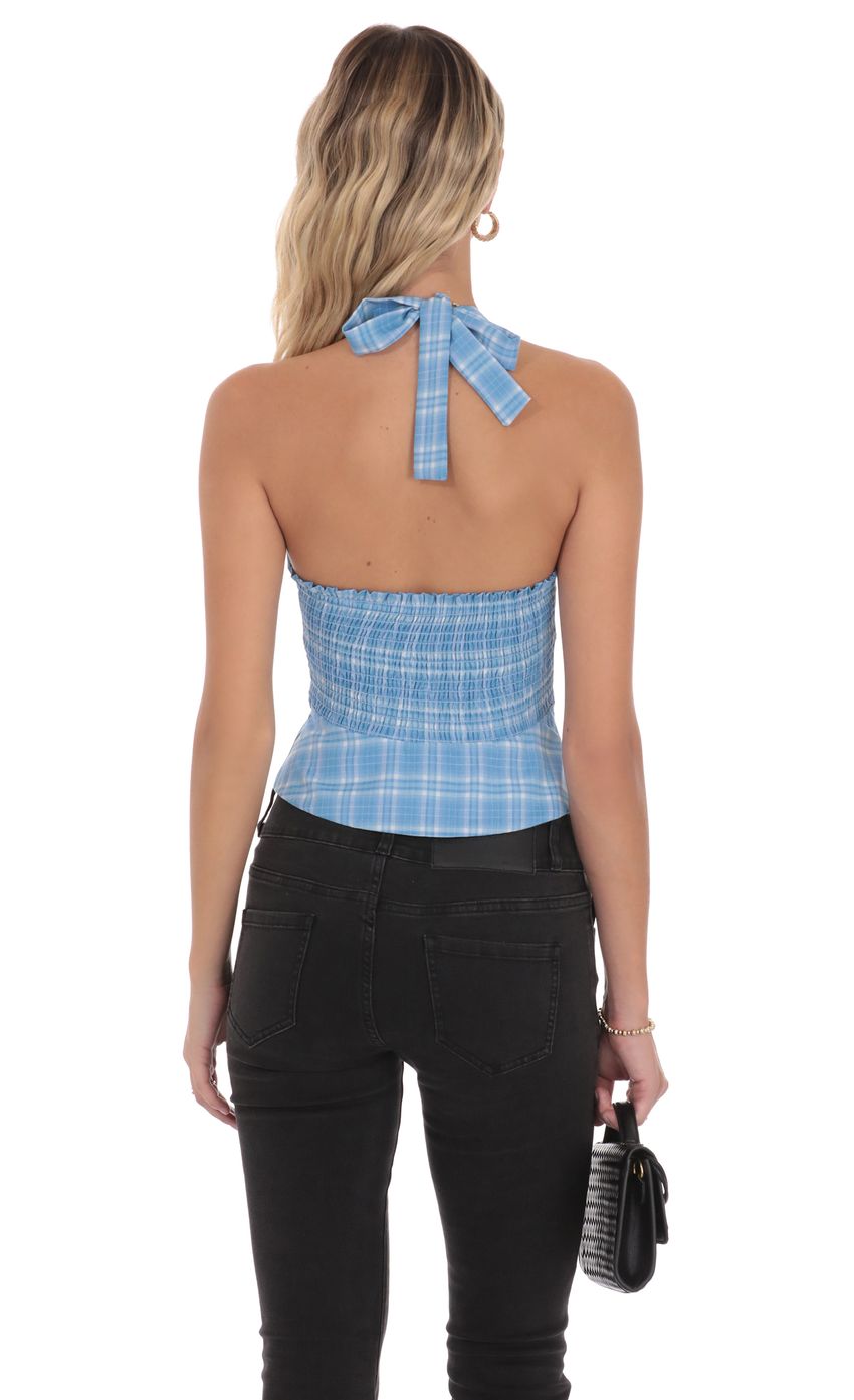 Plaid V-Neck Halter Top in Blue