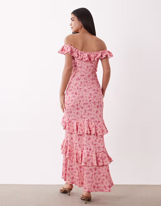 YAS off-shoulder ruffle maxi dress in pink floral