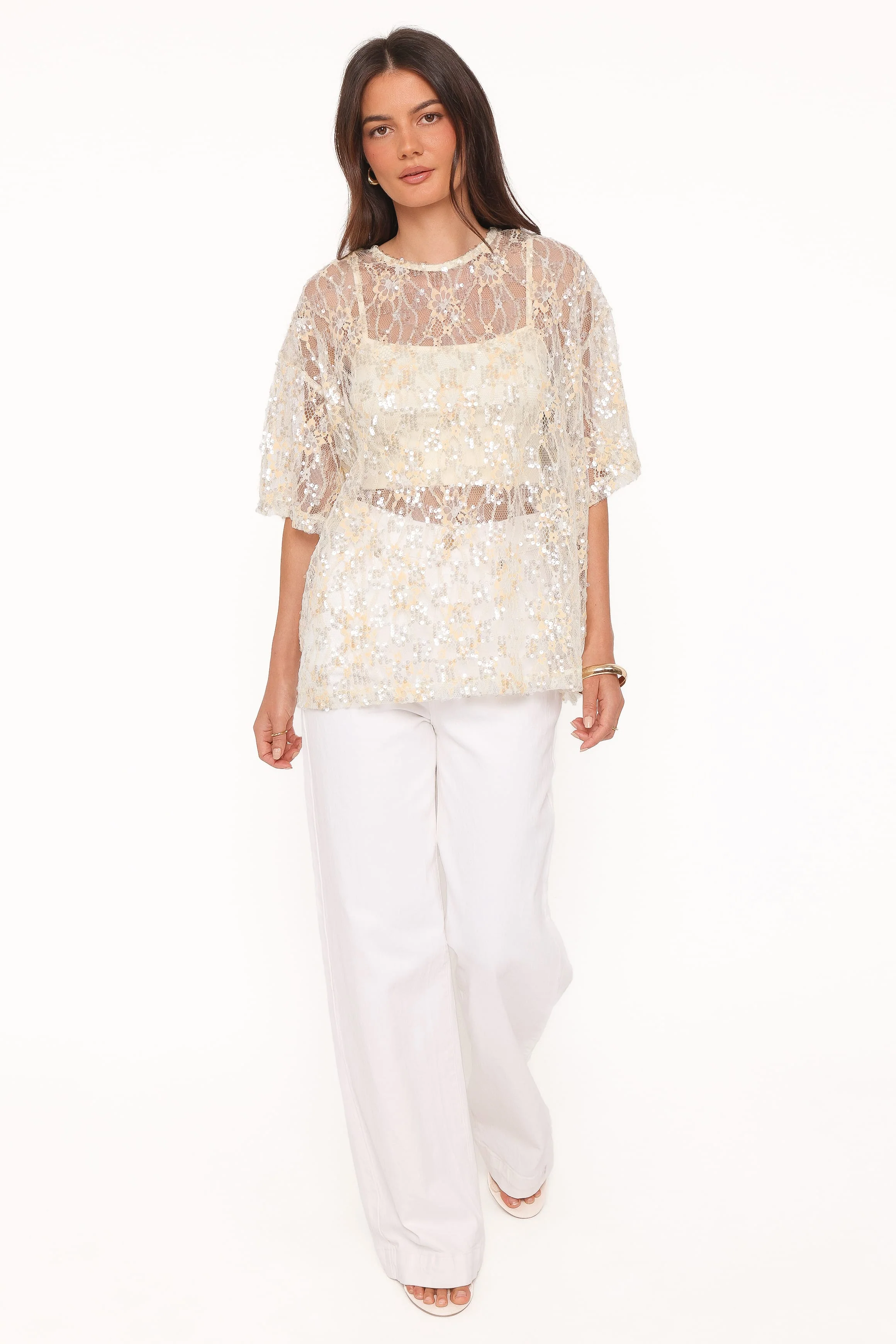 Yonder Sheer Lace Tee Top - Pale Yellow