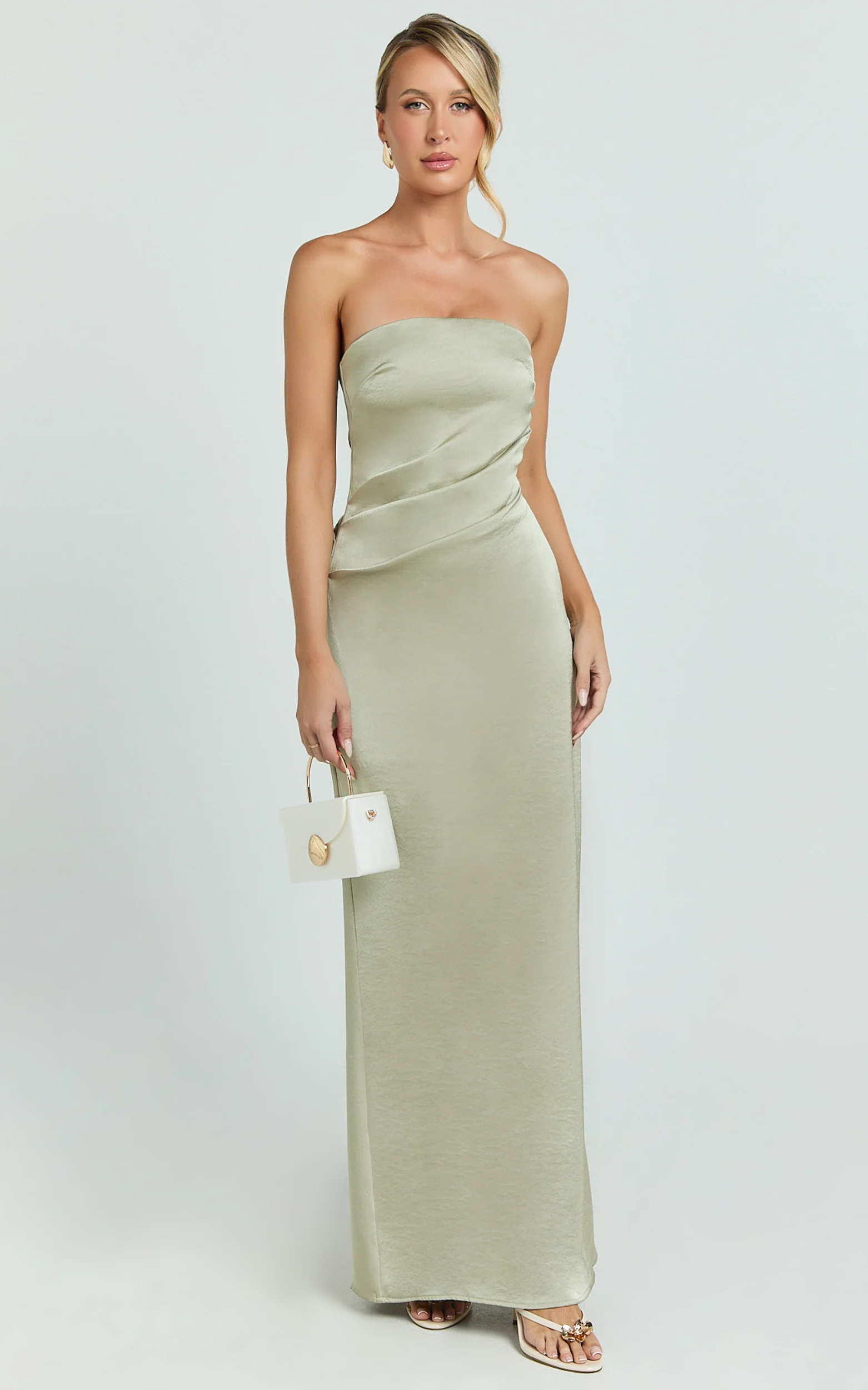 Laurie Maxi Dress - Strapless Draped Satin Dress in Light Olive