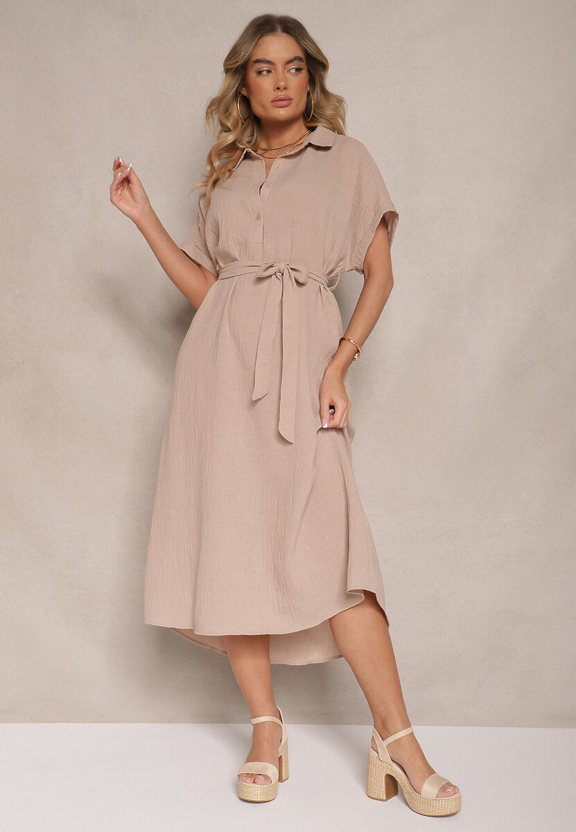 Ciemnobeżowa Wiskozowa Sukienka Koszulowa z Wiązanym Paskiem w Talii Vanisti