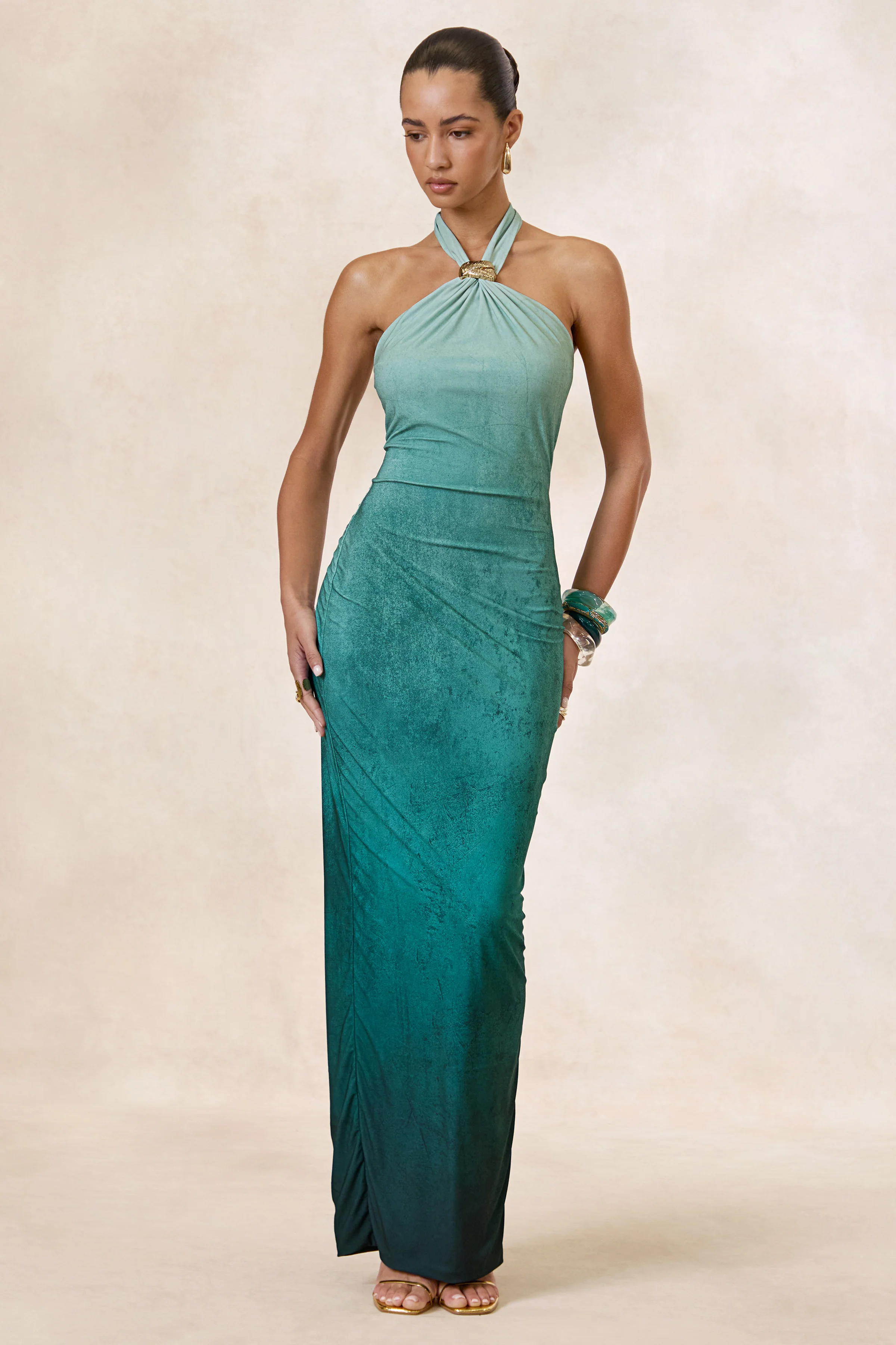 Thera | Turquoise Ombre Halter-Neck Maxi Dress With Gold Detail - luluinthesky