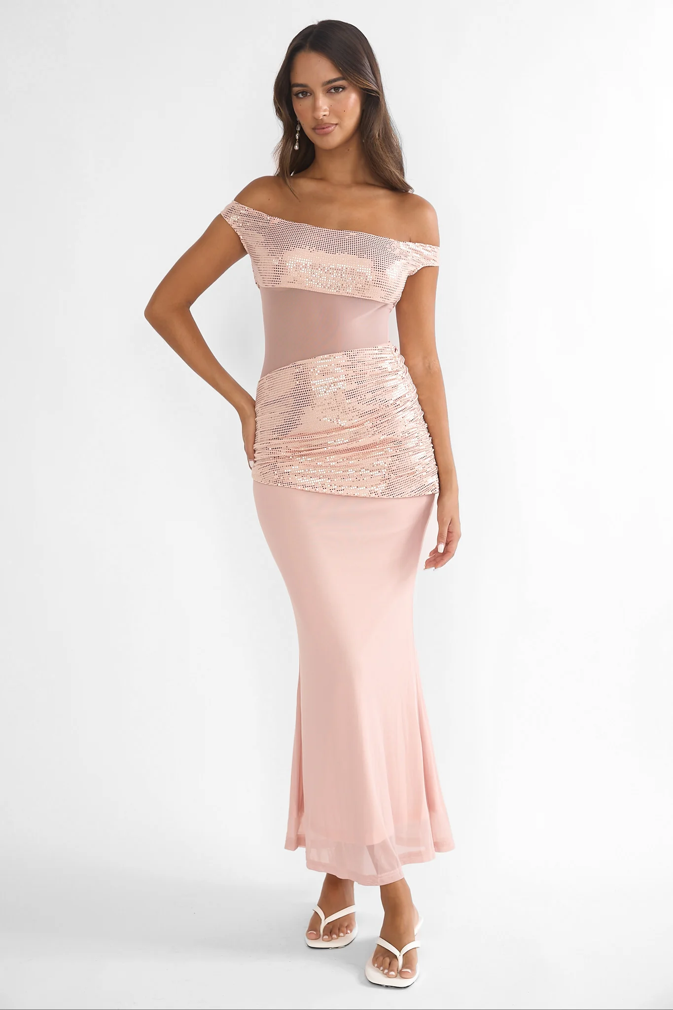 Bellora Off-Shoulder Sequin Trim Maxi Dress Nude