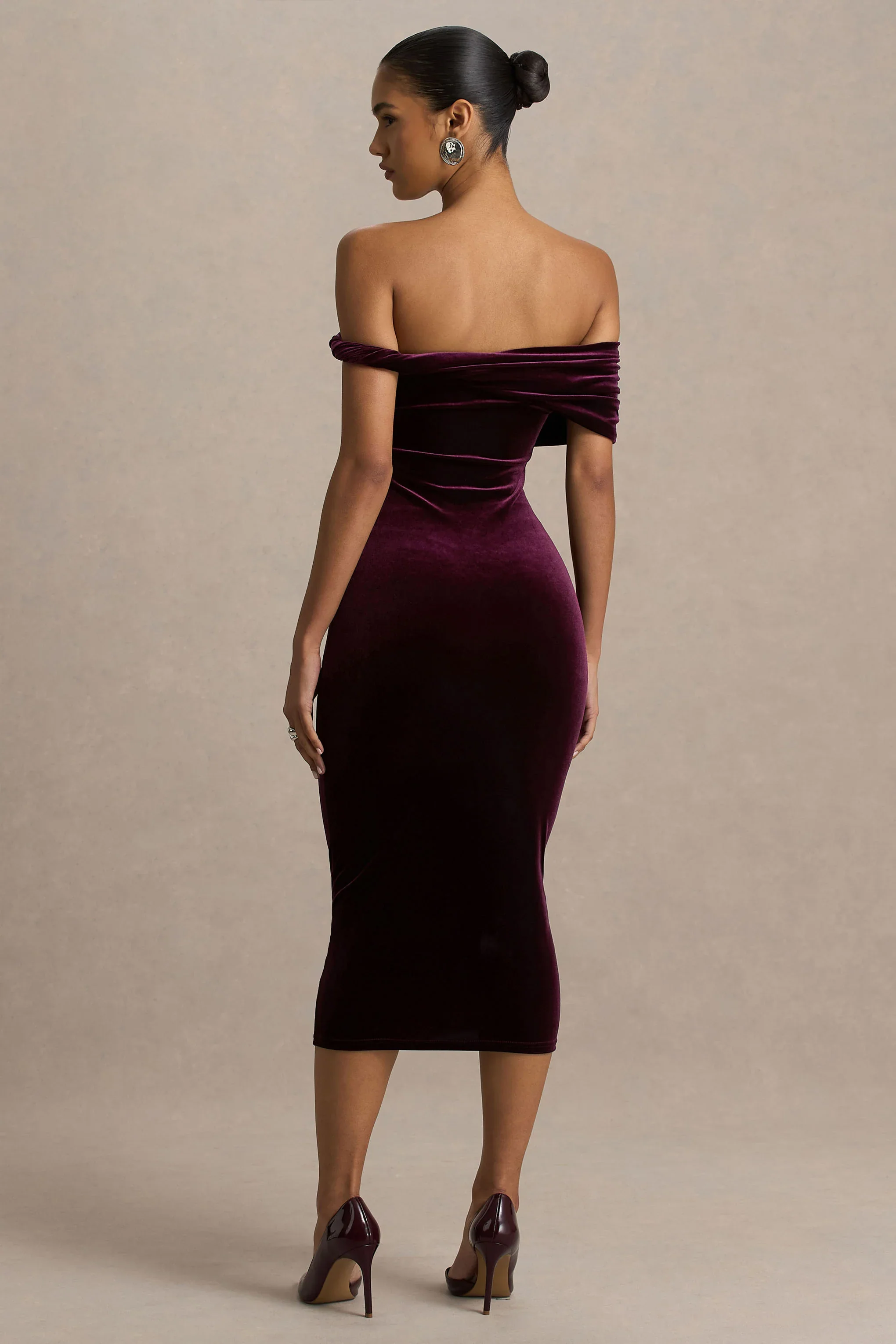 Billie | Burgundy Velvet Bardot-Neck Midi Dress With Twist-Sleeve