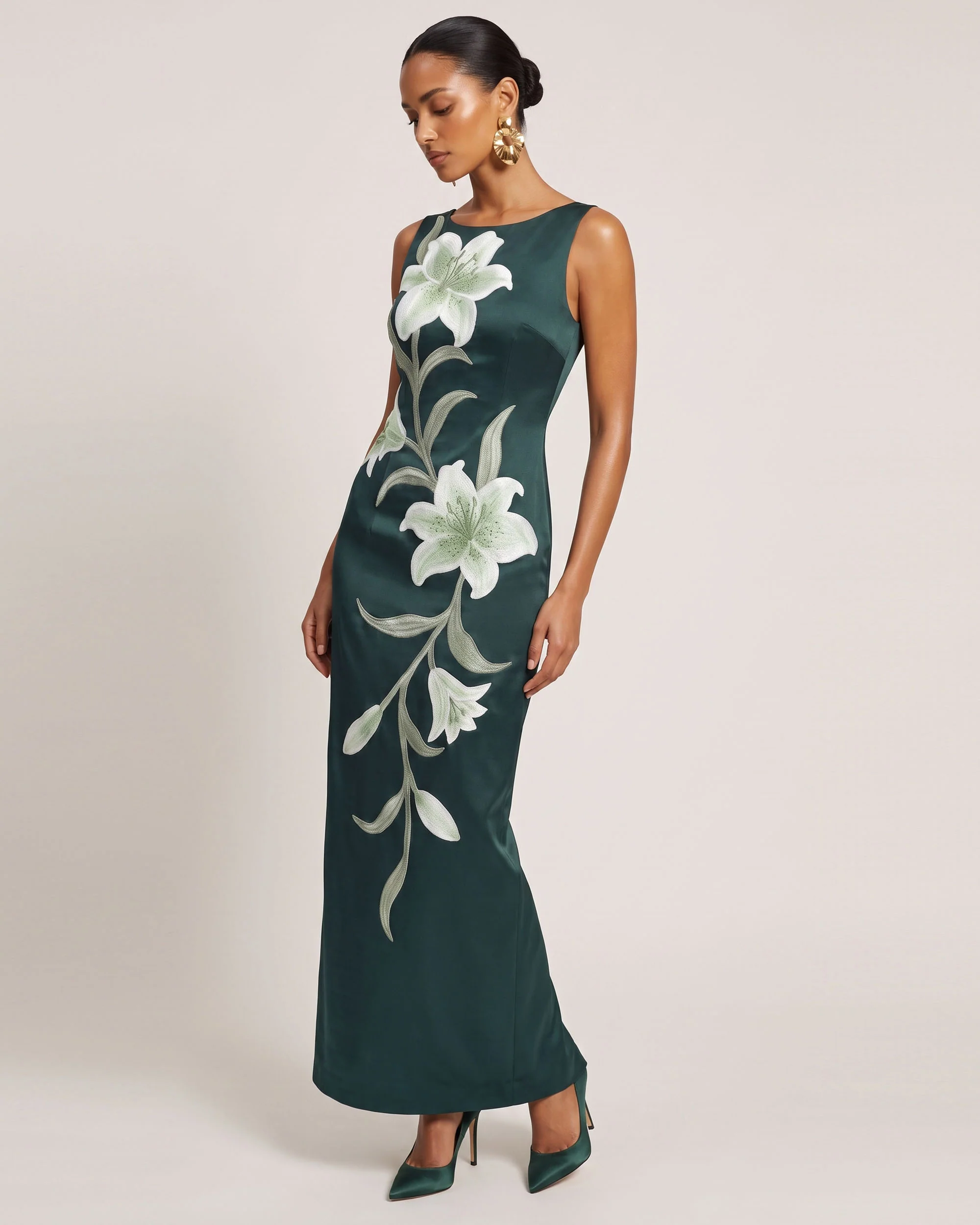 Lily Floral Print Sleeveless Column Maxi Dress - Dark Green - FASHION NOB