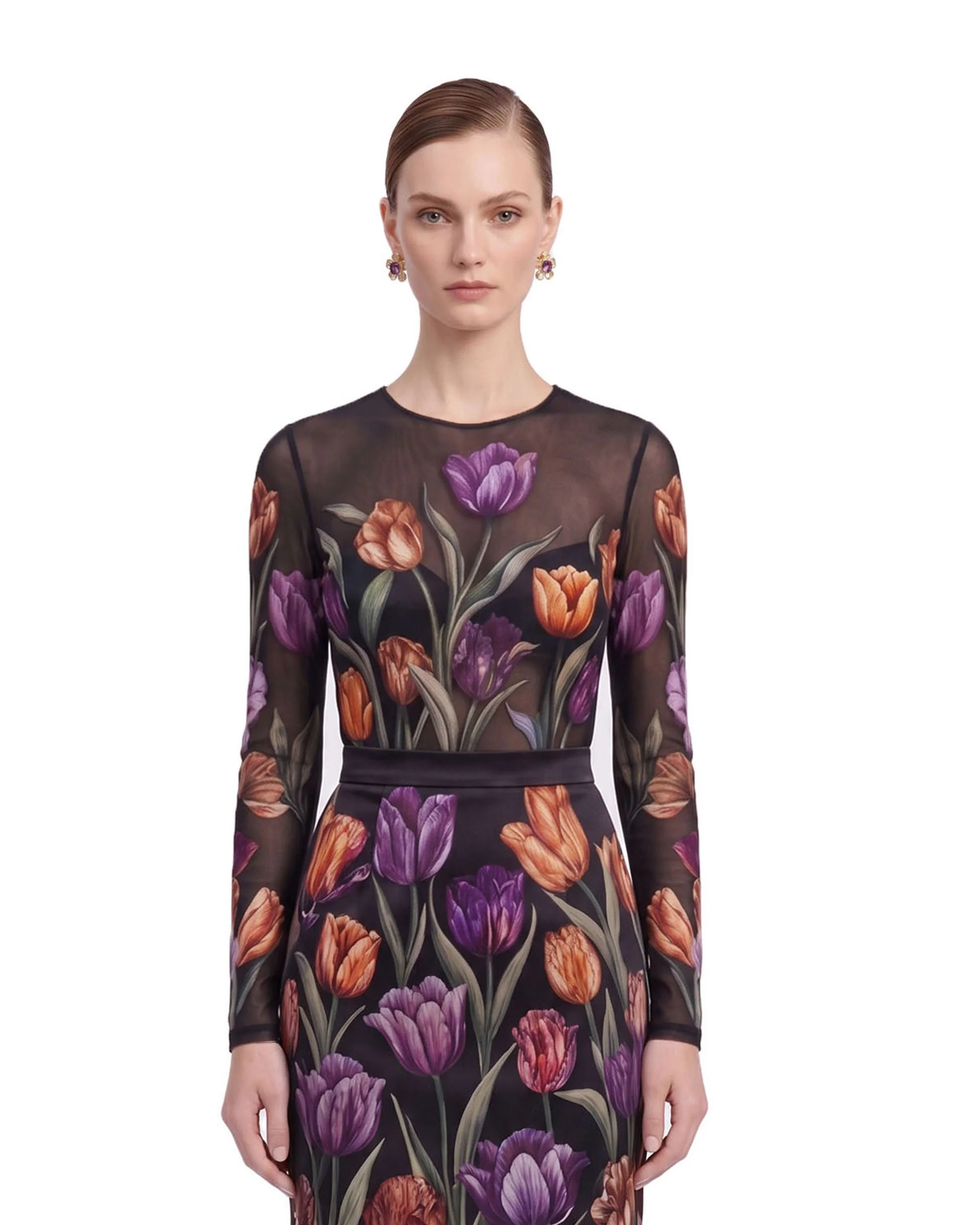 Tulip Print Sheer Long-Sleeve Top - Black - FASHION NOB