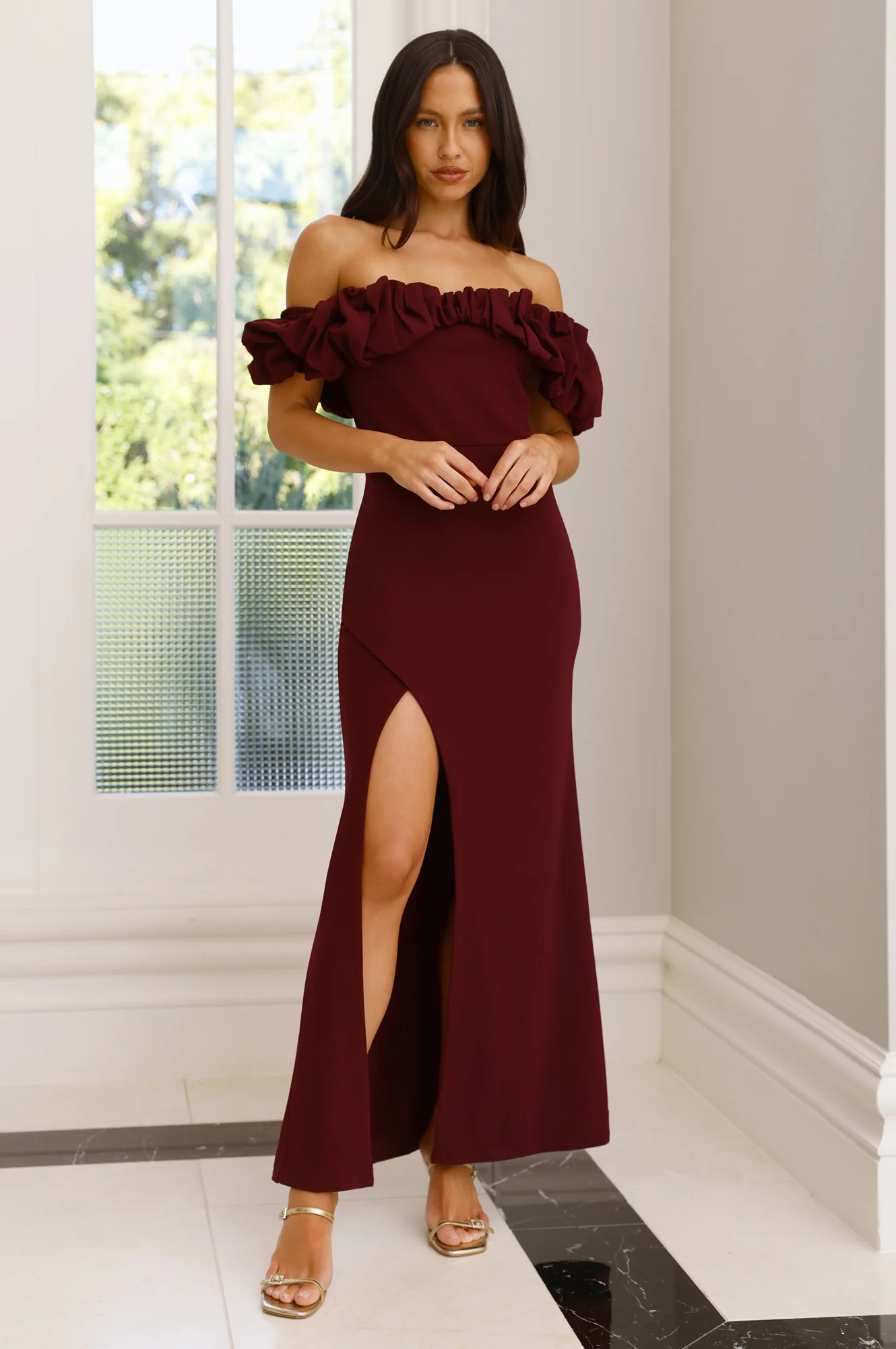 Manhattan Nights Off Shoulder Maxi Dress Maroon