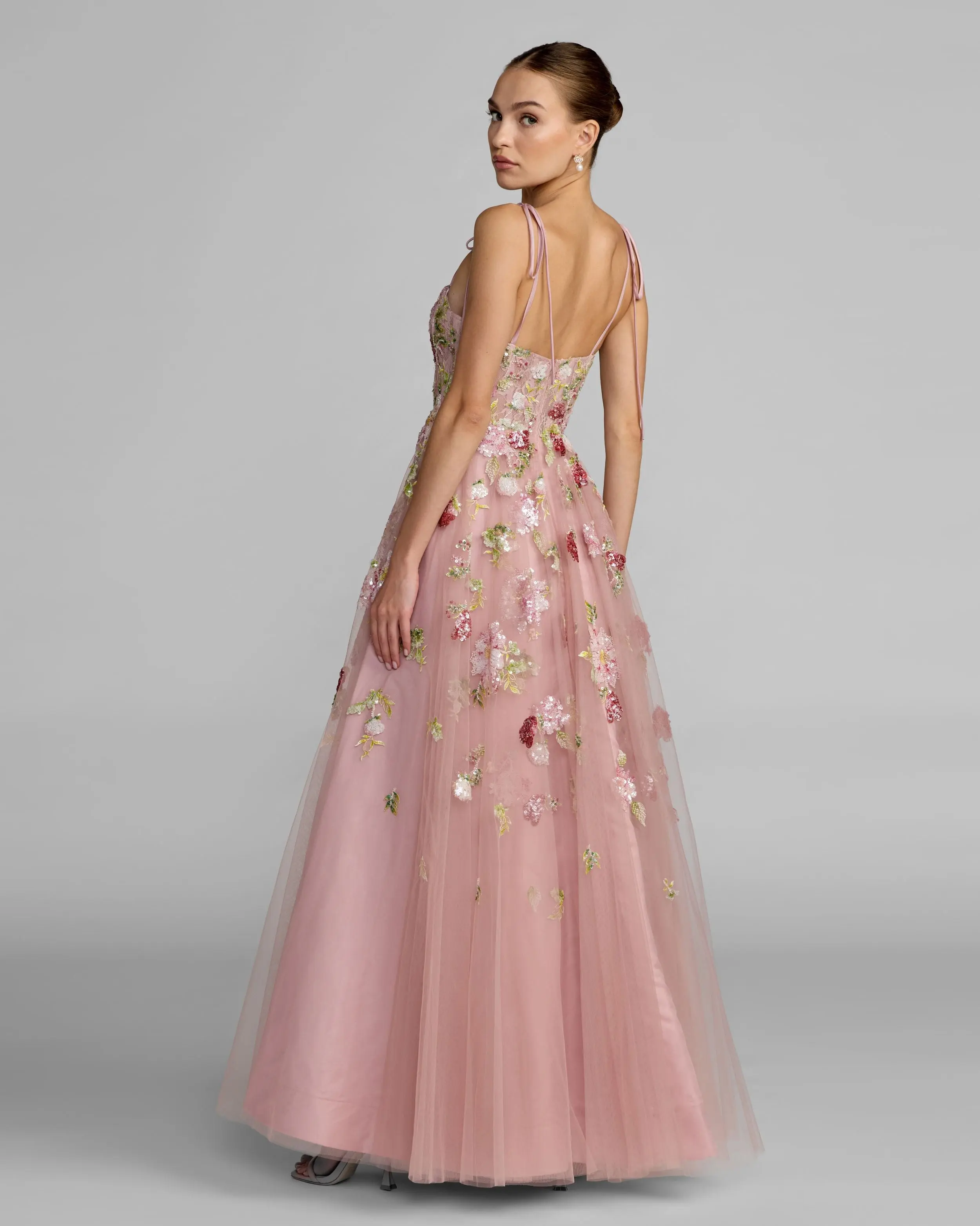 Pink Floral Embellished Tulle Ball Gown - FASHION NOB